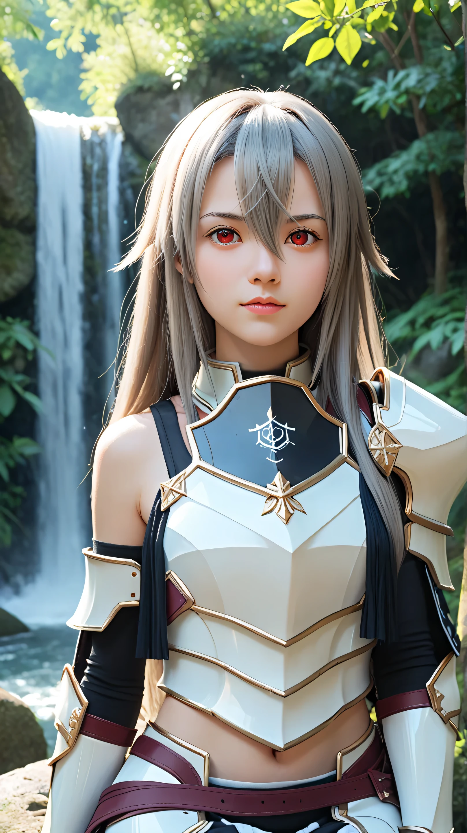 1girl, solo,eydish,red eyes,gray hair,(long hair:1.5),outdoors,potrait,medium breast,forest,(half body:1.4),front view,sitting under waterfall,waterfall background,looking at viewer,hair between eyes,wear dress,navel,bare shoulders,black glove,(scales armor:1.5)