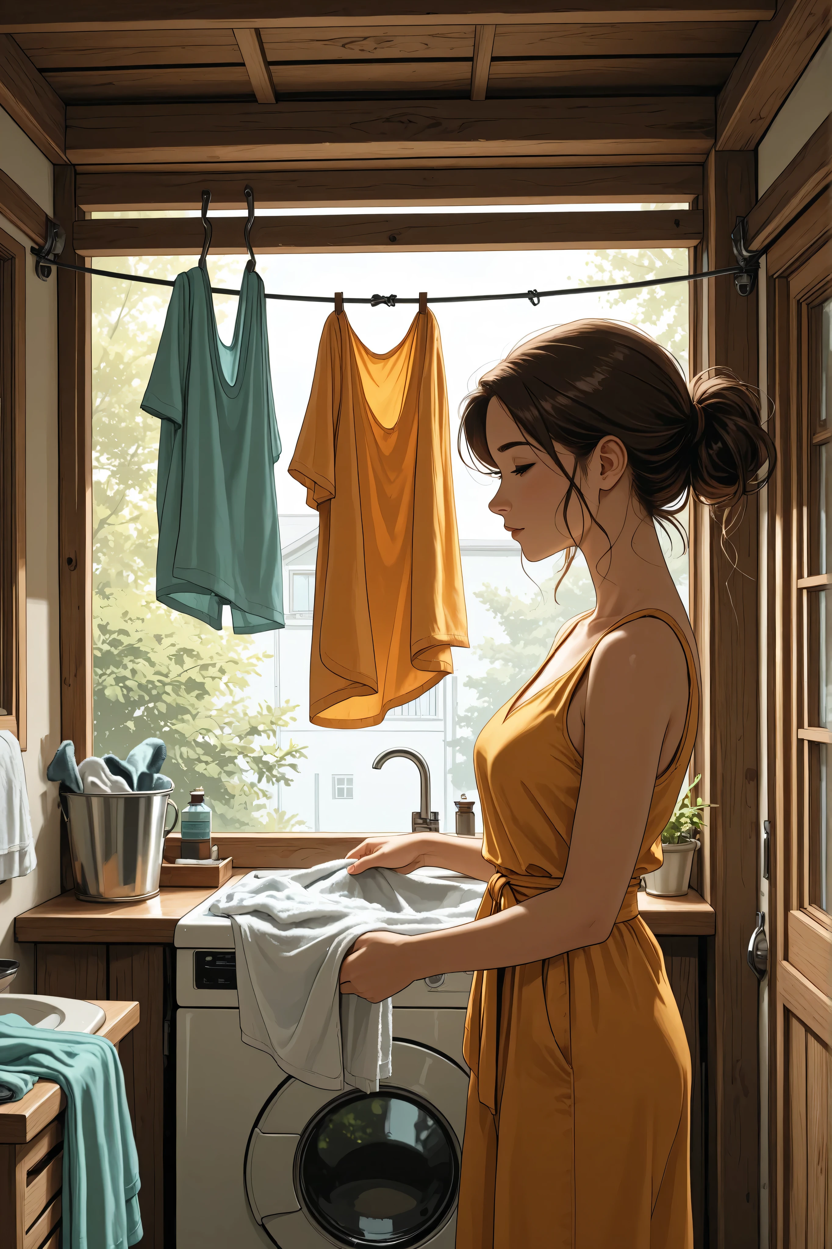 After Hanging up, Clothes drying, washing clothes outside, clothes on wire, Beautiful wife working, Hanging clothes on a wire outside.