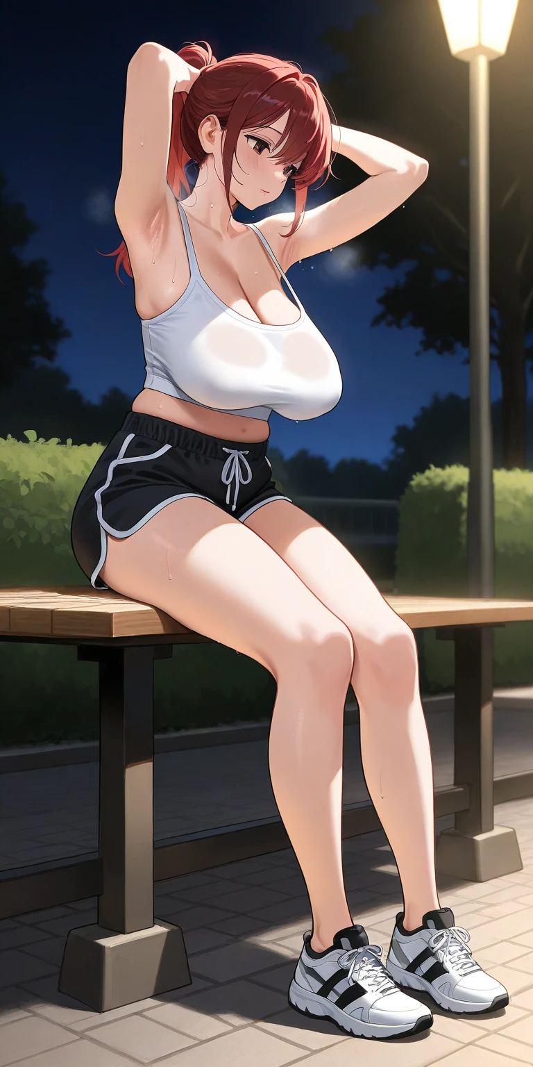 brown hair, long hair, eft_oshi_step, bangs, maroon eyes, curvy, anatomically correct, heavy breathing, 1girl, shorts, navel, breasts, barefoot, large_breasts, solo, short_shorts, striped, midriff, sitting, collarbone, cleavage, blush, full_body, sweat, hollow eyes, bright pupils, sweating, heavy breathing, steaming face, maroon eyes, seductiv smile, blush, lazy eyes, "Photorealistic, Hyperrealistic, Hyperdetailed, analog style, soft lighting, subsurface scattering, realistic, heavy shadow, masterpiece, best quality, ultra realistic, 8k, golden ratio, Intricate, High Detail, film photography, soft focus", sweating, steaming body, fog, (plump:1.2)