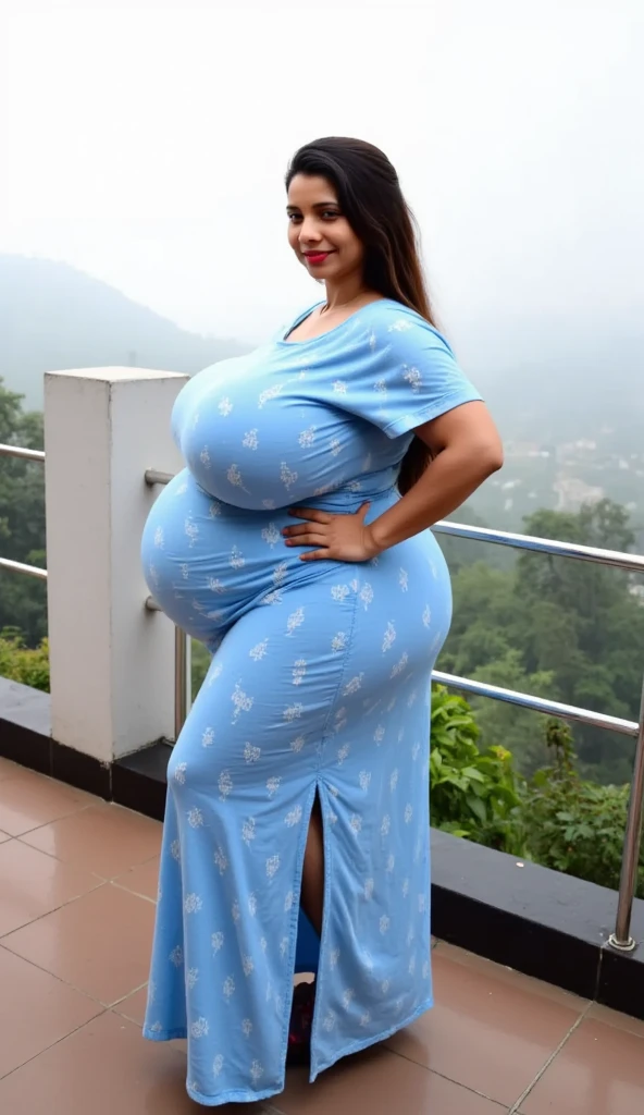 Salma Hayek, night gown, chubby body,bbw, morbidly obese, fat, Big pregnant round belly, outdoor, sunny