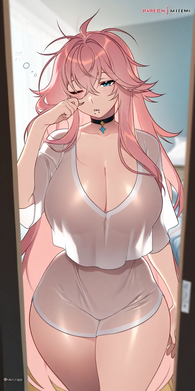 Realistic,Wide Angle,1girl in, Long hair, Pink hair color、,Shy, embarrassed, blushed, Wide Angle, POV, From above, Standing, Shackles were placed around the neck, the neck is chained to the wall, (Bra, pantiy), llight rays, Glow, (masutepiece)、Indoor、Modern room、brightly lit room、slaves、Colossal tits、Glamorous