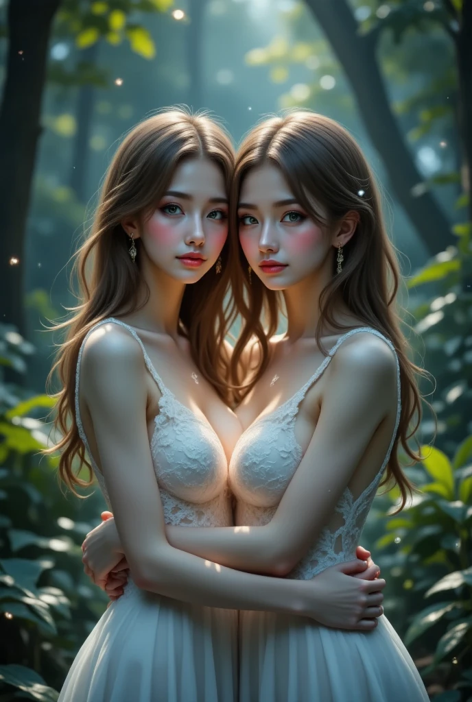 2 beautiful young girls, Beautiful face, (Slender body:1.2), bare breasts, Realistic, extremely detailed CG unified 8k wallpaper, ighly detailed, High-definition raw color photos, professional photograpy, Realistic portrait, Cinematic Light, Beautiful detailed, (Beautiful breasts), (cleavage of the breast:1.2), outdoors, forest, (Best Quality:1.4), High quality, (((Bokeh))), depth of fields, godpussy1