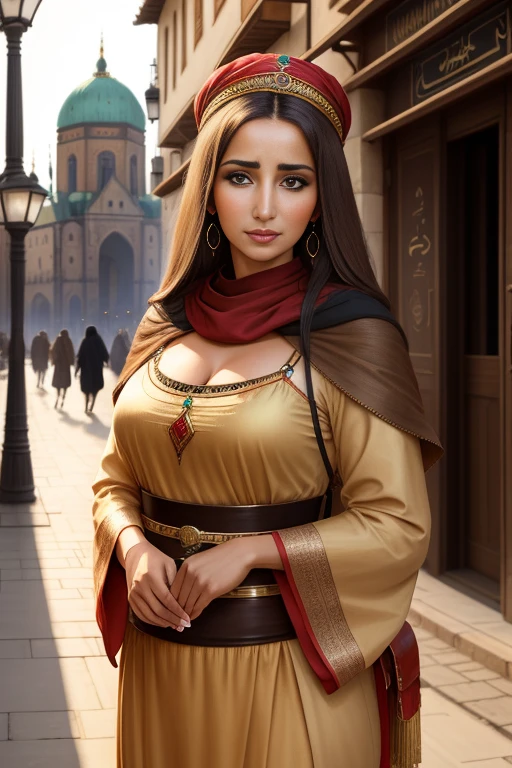 araffe woman in a white dress and red shawl posing for a picture, beautiful oriental woman, a beautiful fantasy empress, arabian beauty, arab princess, beautiful arab woman, arabian princess, middle eastern skin, unreal engine render + a goddess, ((a beautiful fantasy empress)), alena aenami and artgerm, elegant smiling pose