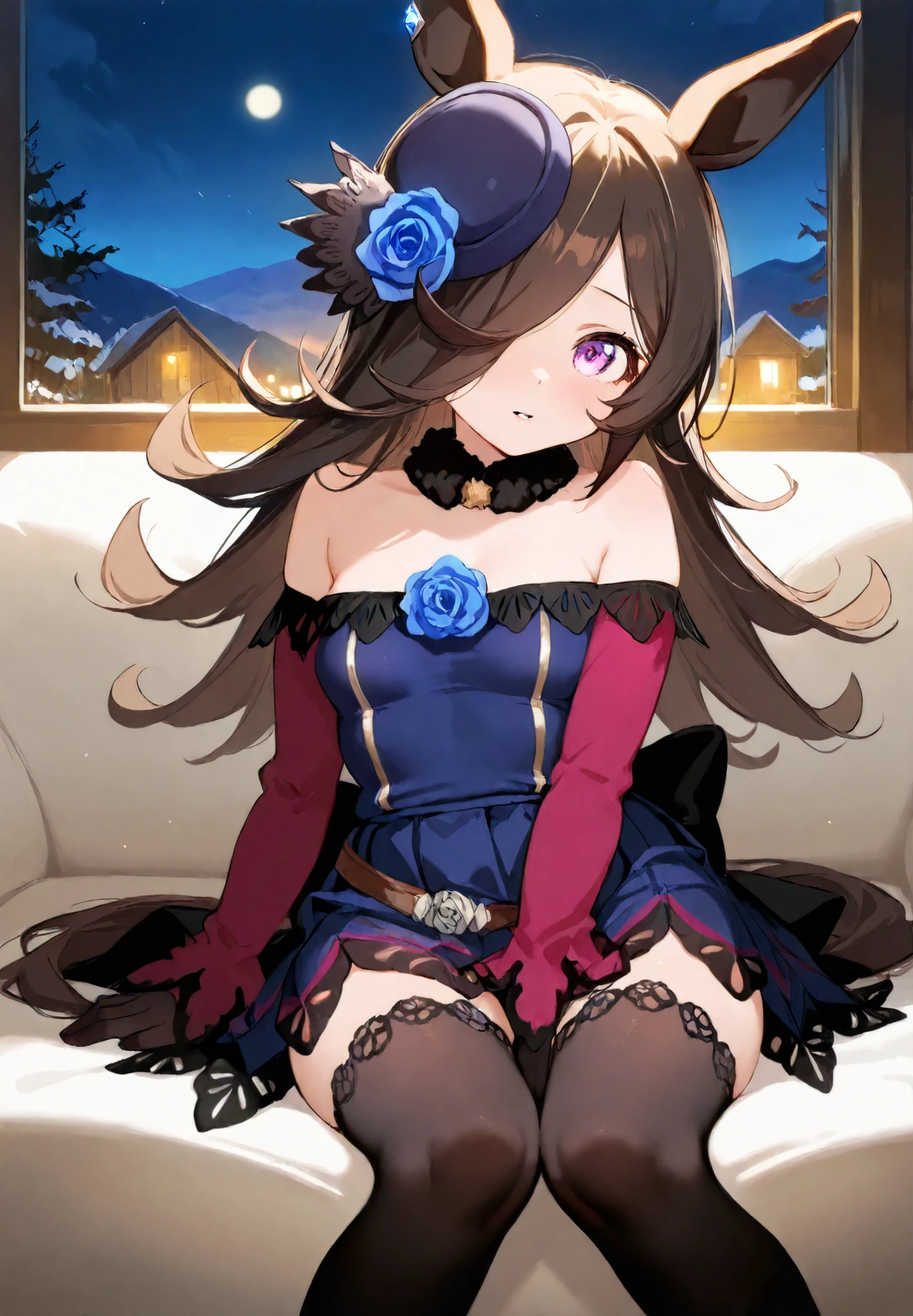1girl, solo, rice shower \(umamusume\), umamusume, shy, timid, parted lips, goth lolita cosplay, black lipstick, goth makeup, piercings, bare shoulders , cleavage, black tights, black silk gloves, mountain cabin, sitting on a sofa, sexy pose, alluring atmosphere, night time, beautiful lighting and shadows, cinematic lighting, BREAK,masterpiece,top quality,warm color,high resolution,high fashion,absurdres extremely,vivid colors,intricate details,best quality,amazing quality,very aesthetic,newest,ultra-detailed,nsfw,