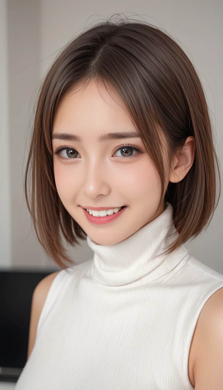 (SFW:1.5),(masterpiece, best quality),1 girl, Cute beauties、alone,  looking at the audience,  Pure white shiny short bob hair with vivid details:1.4, Short hair:1.8、beautiful symmetrical face、Beautiful and attractive woman、go for it, Lips, forehead, outdoor, Shut up, upper body、big eyes、Eyelashes、((very simple black background:1.8))、(((looking at the audience、show me your ears、long neck、laugh、laugh)))、ideal body type、(((Huge big , split:1.6、Happy laugh、beautiful teeth)))、(((anatomically correct:1.5)))、（perfect body proportions)、(natural hands、natural hands가락)、 ((round face)), realistic eye size, big eyes、droopy eyes