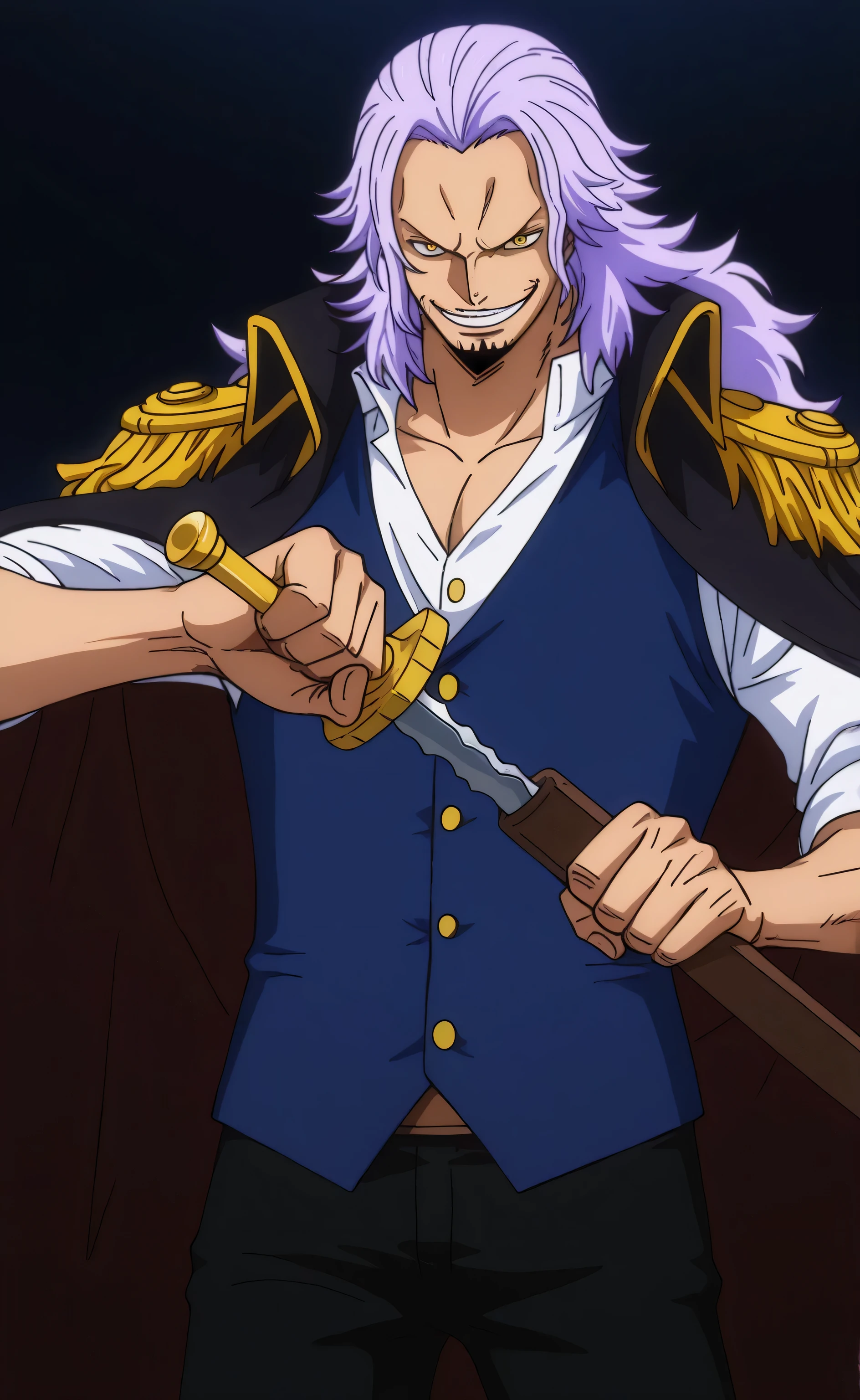 1male,solo,Gildarts Clive,light purple hair,long hair,yellow eyes,evil grin,muscle,black pirate coat,white shirt,dark blue vest,black pants,cutlass blade,Unsheathing,bar,pirate,male focus,
One Piece Anime Style