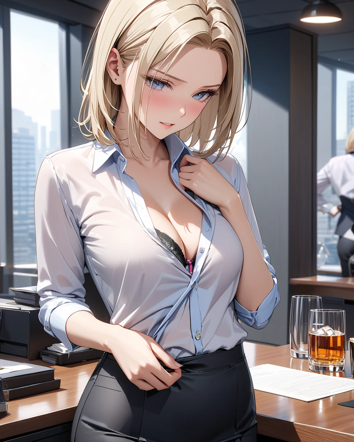 ((((masterpiece, best quality, high resolution)))), Extremely detailed 8K, Beautiful girl with voluptuous body, (Ultra HD, Ultra-detailed, Highly detailed, Highly realistic, Ultra-realistic, photograph realistic), (1girl:1.5), (Realistic white hair), (short wavy hair, hair ornaments, earrings), (dynamic poses), facing at camera, looking at viewer, (blushing red, embarrassed, exhausted, smile), (purple eyes, sharp eyes), (perky breasts:1.2), (beautiful detailed face, beautiful detailed eyes), ((unbuttoned white blouse, black office skirt)), (detail pussy), (sitting on desk:1.3), sweat, glow, (nightlight), ((cowboy shot)), office room, seductive