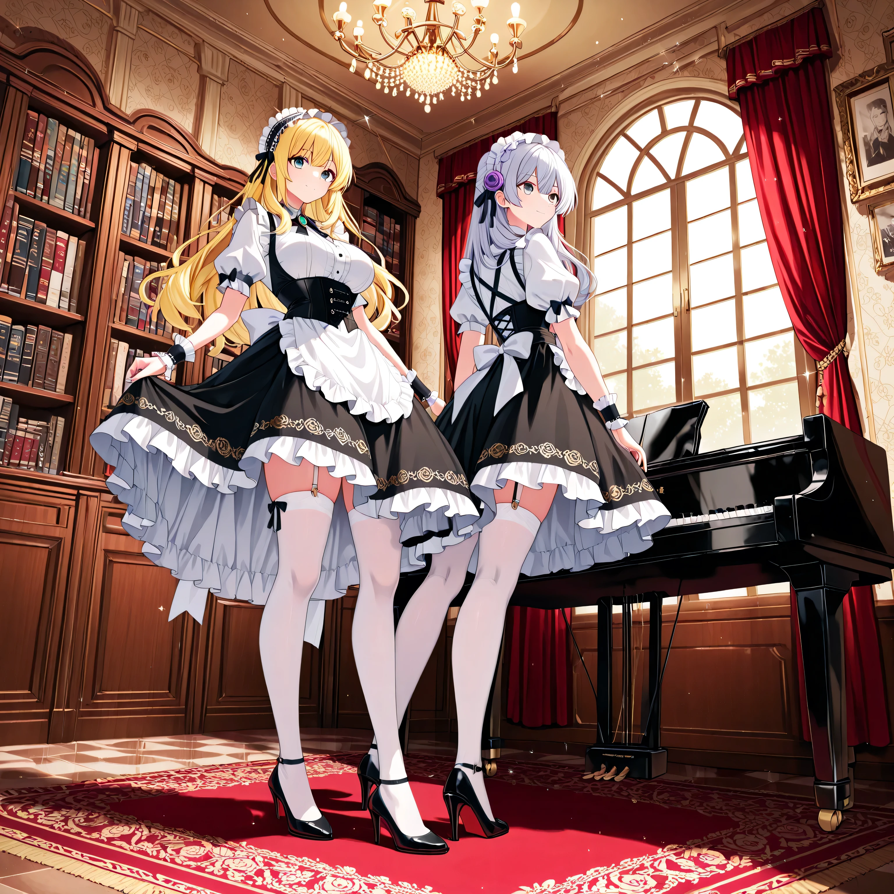 Japanese Pretty Girls。what she wears、A perfect fusion of cuteness and elegance attire。 The base is jet black satin、 Shines brightly in response to light 。 pale cream damask wallpaper spreads on the wall、 and a large white ribbon gracefully tied to the back。has puff sleeves and the、that swells softly from the shoulders、 An antique tea table is placed, the {x} waist is decorated with a corset-like design with an aperture effect, and the {x} wrists are decorated with lace cuffs and small ribbons。 in the center of the room、 A heavy velvet curtain hangs by the window。Classical Lolita-style maid dress、 The wall has a bookshelf lined with old books and a classic grand piano。 and spreads softly as you walk、soft afternoon light shines in from the outside。lace headdress on the head、 hair loosely wrapped、A ribbon brooch with pearls sparkles in the center。 thick bottom pumps with straps、thick bottom pumps with straps。 as a whole 、and a goldwork chandelier sparkles。The stage is、skirt is a flared type with a three-layer structure。 The ceiling is high 、with white feet、 A rose-patterned Persian carpet is spread on the wall。The scent of tea and lavender drifts through the air、 surrounded by Victorian sofas and。 the floor is covered with marble tiles、 small ribbons and pearl pins are scattered。with rose embroidery and lace edging on the hem、 A silver tea set and、freshly baked scones are lined up。 and a luxurious European-style mansion salon、 A bookshelf with old books lined up by the wall。The scent of black tea and lavender drifts in the air、 like time flows slowly、dreamy space。angle looking up from below