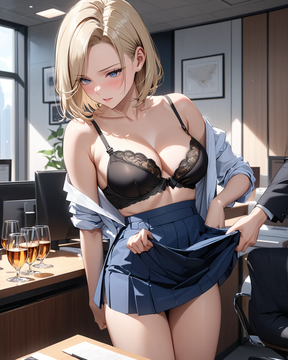 masterpiece, best quality, Itsumi Erika, 1girl, ashen blonde hair, blue eyes, solo, medium breasts, standing frontally, pov, looking at viewer, black skirt, sexy black underwear, black bra, undressing jacket, whole body can be seen, indoors, locker room, expressionless, detailed hands, five fingers, female genitals