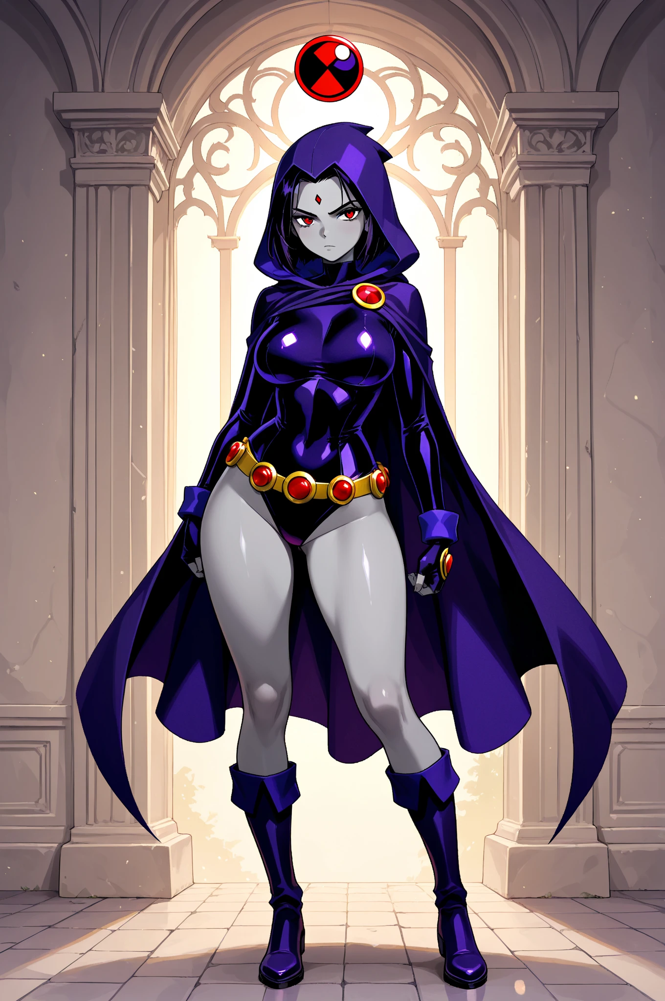 (solo:1.1),(masterpiece), (best quality:1.3), ultra detailed, intricate, professional art, digital art, absurdres, shadraven, (Full body view:1.3), (far away view), 1girl, solo, (grey skin:1.4), dark purple hair, bob hair, dark purple eyes, hips wider than shoulders, pear shaped body, jewellery, detailed thighs, (thick thighs:1.3), red jewel in forehead, jewels, (long sleeved turtleneck leotard:1.4), (Red jewel Belt), (red jewel brooch), cuffs, small breasts, nipple bulge, (raven long dark purple hooded cape), (Shadraven brooch:1.2), Shadraven jewel belt, Shadraven wearing a long sleeved leotard with fingerless gloves and ankle boots, long legs, ( long thick veiny crotch bulge:1.4), large penis, large testicles, side view, looking at viewer, bubble butt , gluteal crease, universal lighting,(
Detailed ass),
