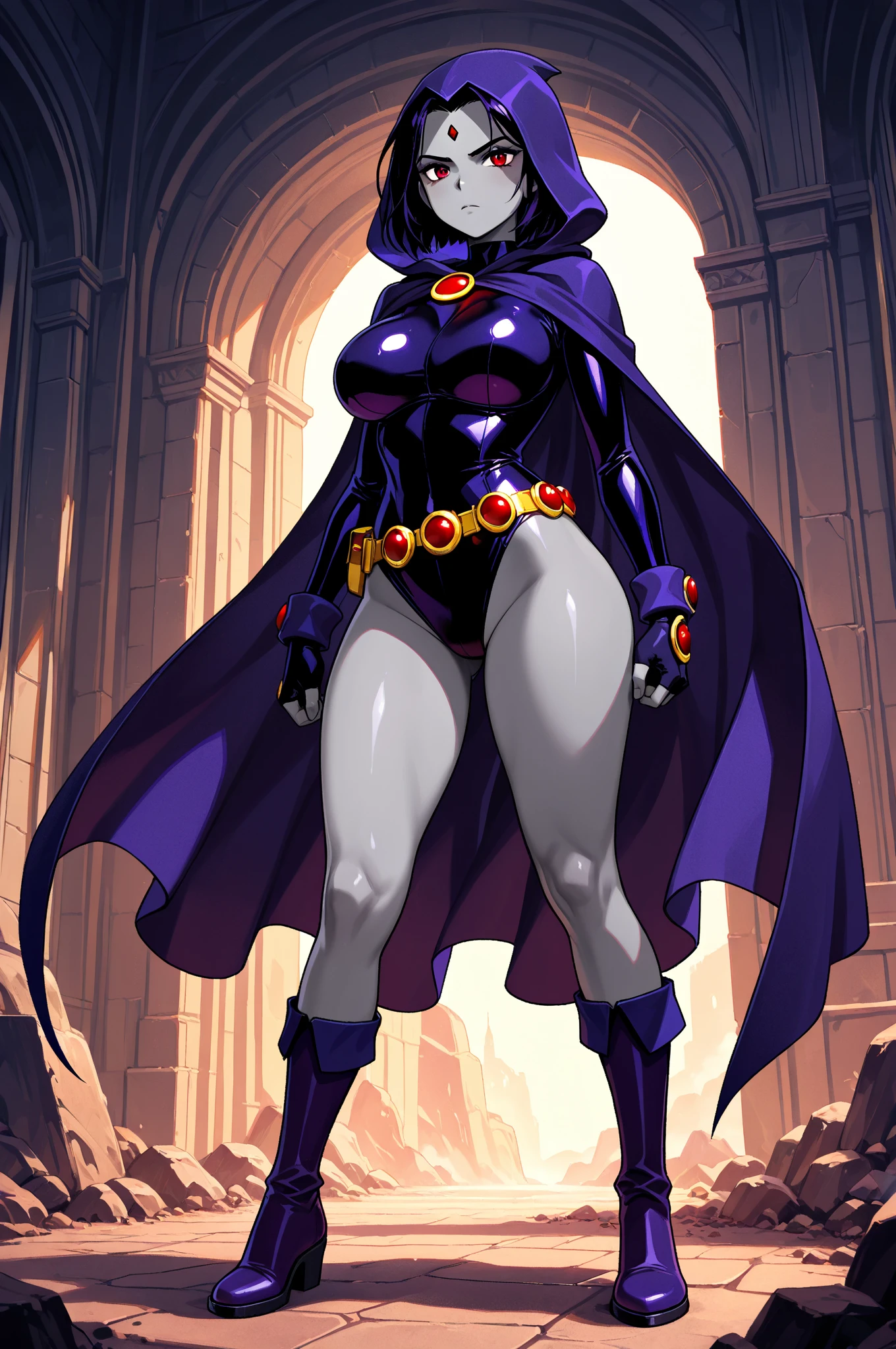 ((Oil painting strokes)), 1girl,solo,RavenTT, dynamic post ,navy-blue cloak, (gigantic breasts:1.2), brooch, leotard, belt,short hair,purple hair, ((slender physique)), purple eyes,black lipstick,grey skin,curvy,wide hips, Thepit style