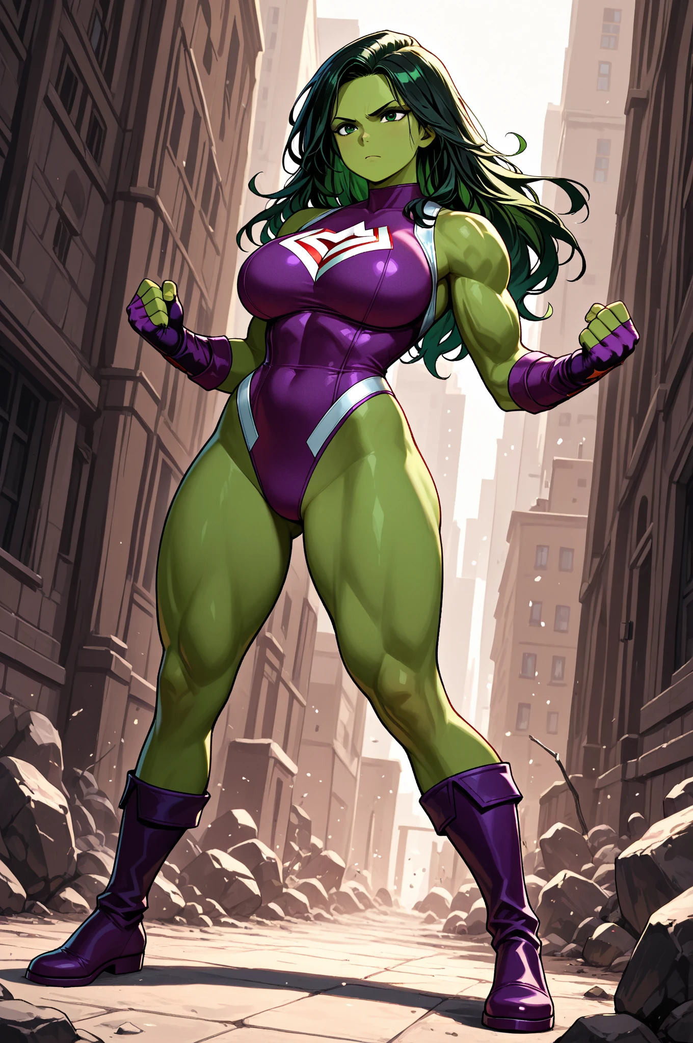She-Hulk in white and purple leotard, white and purple sneakers