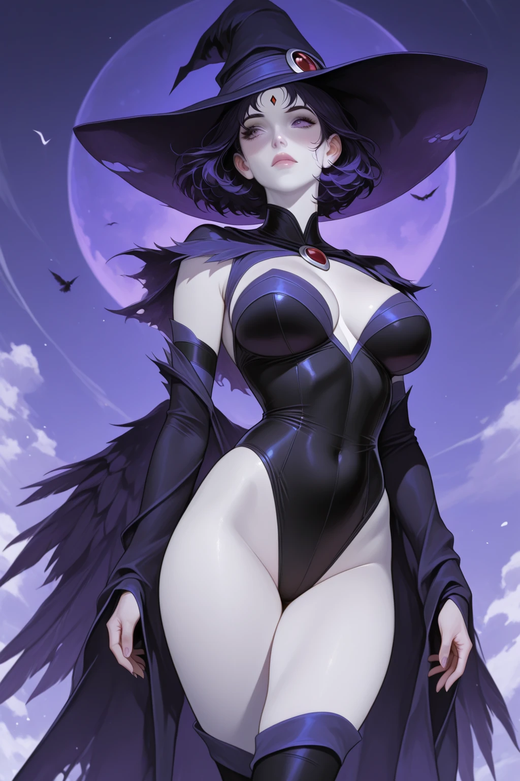 <lora:ElsaGranhiert:1>, ElsaGranhiert, 1girl, black hair, solo, cloak, fur-trim, navel, two-sided fabric, dress, purple_eyes