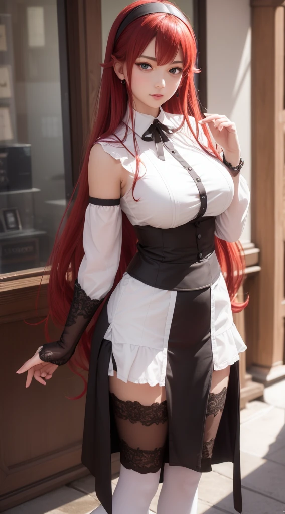 8K, Top Quality, Intricate Details, Ultra Detail, Ultra High Resolution, Masterpiece, full body, Slender, Smile, (Makeup: 0.4), (Fluffy Blue Eyes: 1.21), blue Eyes, looking at viewer, ((full body)), 1girl,huge .huge hoop earrings..fog.Milan's cathredral behind her.ultra realistic,steampunk_costume, corset, hat,rias gremory, 1girl, long hair, red hair, ahoge, blue eyes, large breasts, very long hair, breasts, skirt, huge ahoge, socks