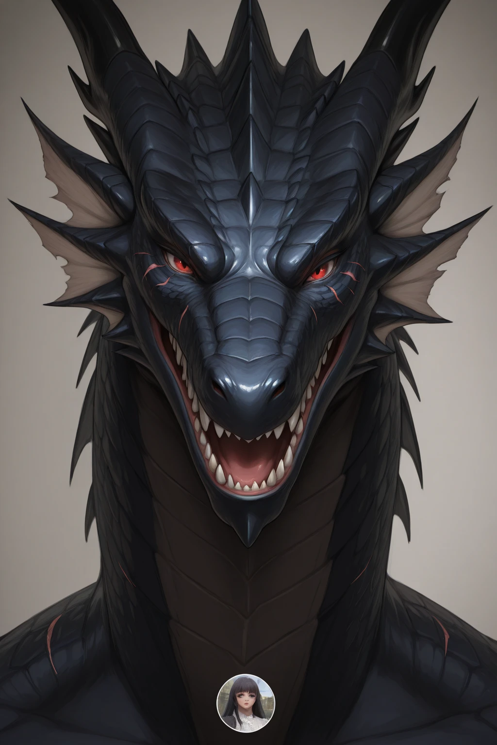 A black oriental dragon，Black Dragon，Black dragon head，Horns on the head，fear，Scary，Huge teeth，ferocious，（((side view：1.5))），White background，cartoon，Second Dimension
