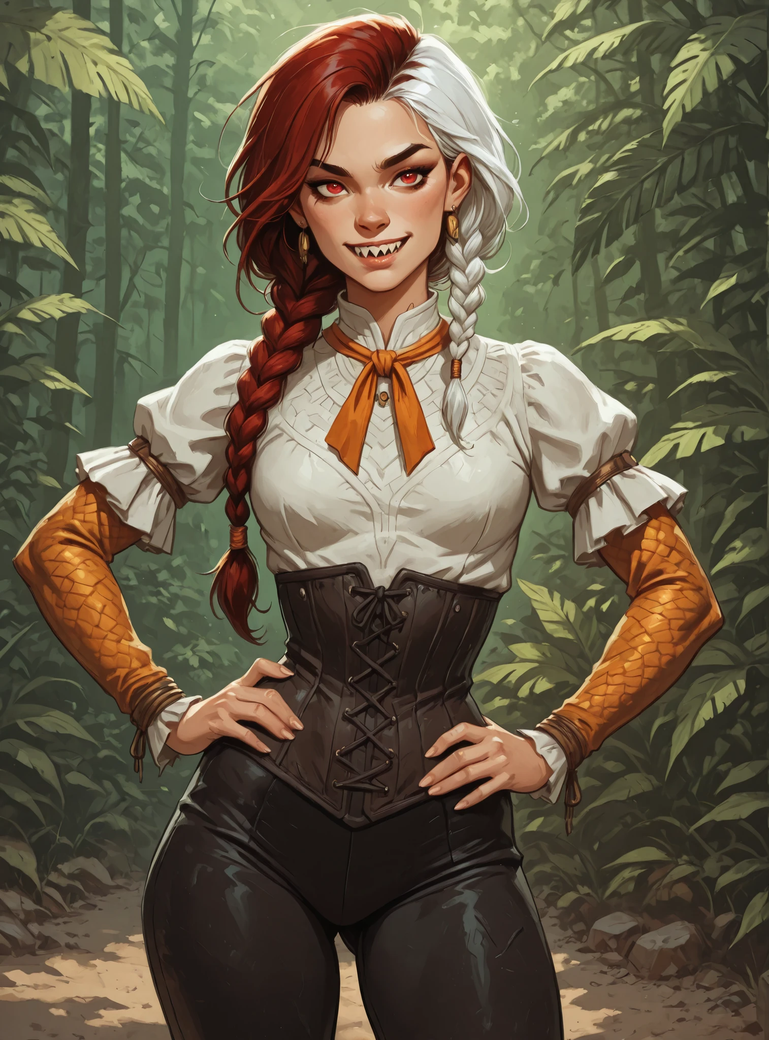 Drawn like the artist Bob Kehl. The indiginous (Inca) girl has white and dark hair, darker skin, red-coloured eyes, with sharp teeth, athletic body and abs. Cute, round and young face. White highlights in her braid. She wears Aztec leather outfit with snakeskin-texture. She has small . Atmospheric lighting. Darker colours. She looks like Wednesday Adams. Box-art. Oil painting.