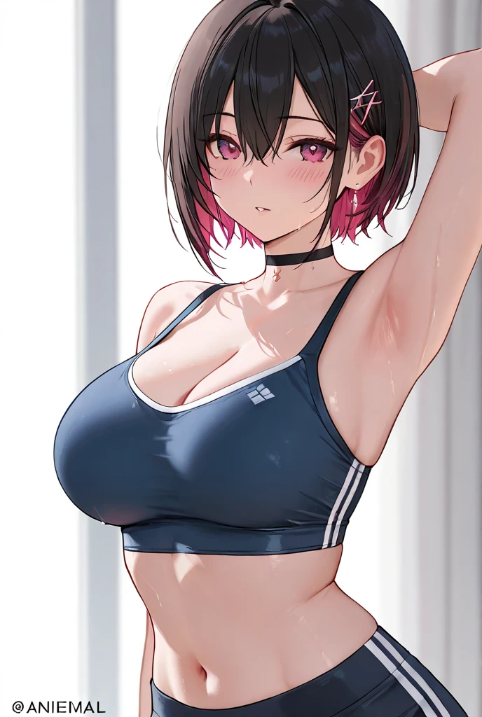 Flip up your gym shirt to show your breasts、Lilac bra、cleavage of the breast、Navel Ejection、black buruma