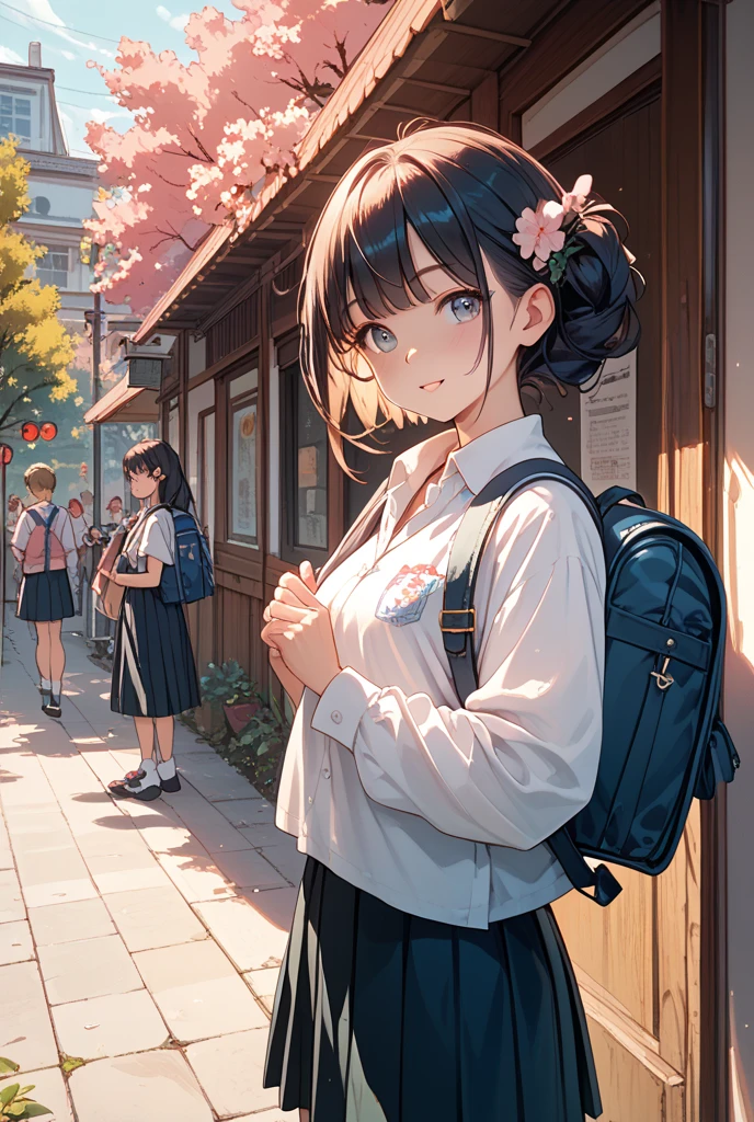 long hair, looking at viewer, blush, smile, open mouth, bangs, blue eyes, (multiple girls:1.4), skirt, brown hair, shirt, black hair, short sleeves, brown eyes,  long hair, squatting, white polo shirt, pleated skirt, outdoors, , shoes, day, socks, striped, collared shirt, hand up, 3girls, bag, plaid, kneehighs, nose blush, plaid skirt, brown footwear, flying sweatdrops, loafers, grey skirt, school bag, diagonal stripes, train station