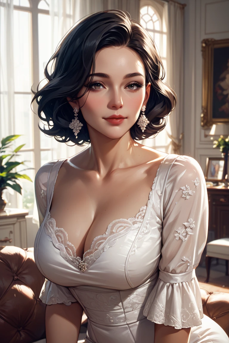 score_9, score_8_superior, score_7_superior, score_6_superior, score_5_superior, score_4_superior, super realistic, busty mother (detailed eyes, detailed face, curly hair, Exposing shoulders, loose clothes, lace Gstring ),sitting in a living room