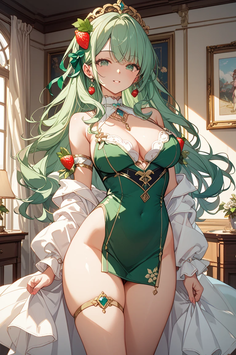 Big elf, green hair, glasses, hot figure, big beauty, delicate and beautiful face, full body portrait, big eyes, absolutely beautiful face, big, transparent tulle, sexy and alluring, surprisingly large bust, lying on your side