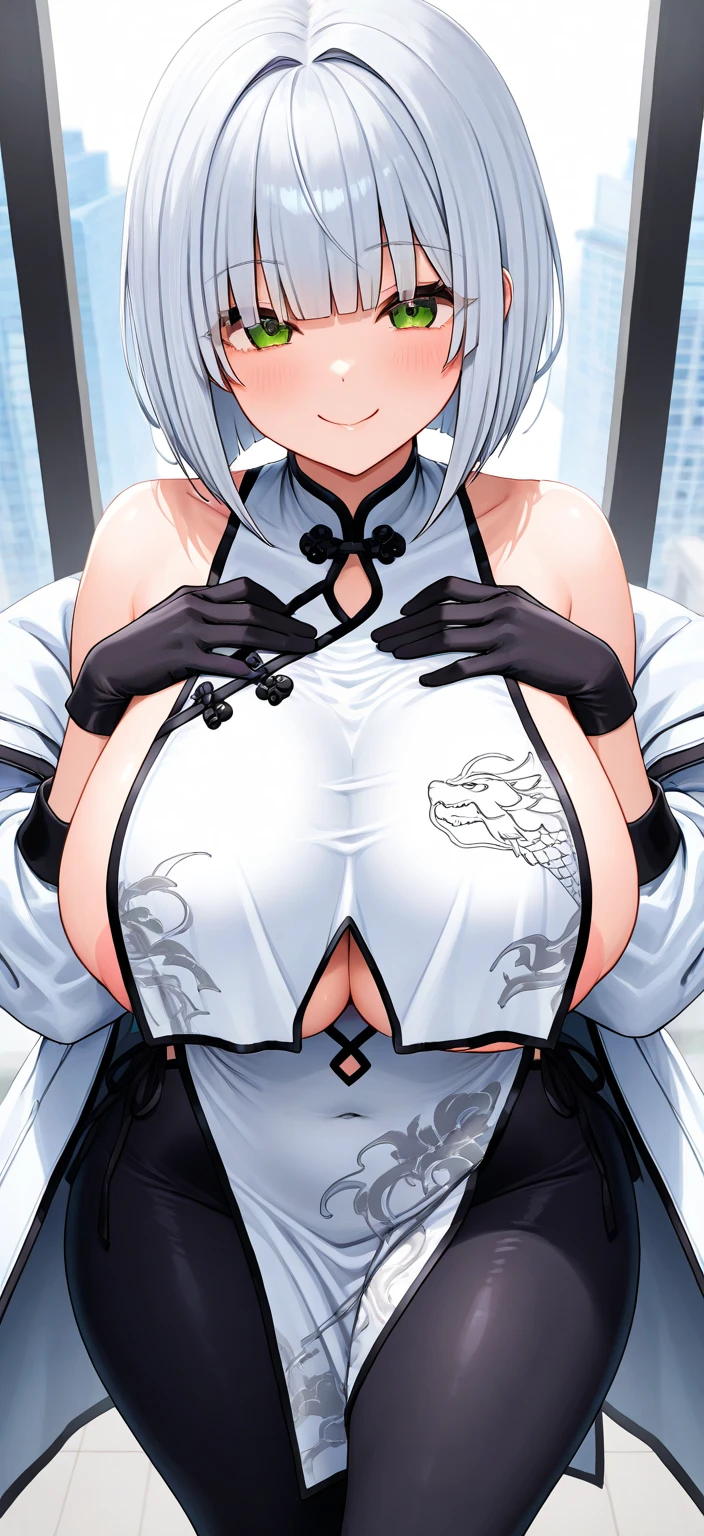 illustrious \(azur lane\),blue eyes, white hair,mole under eye, large breasts,china dress,