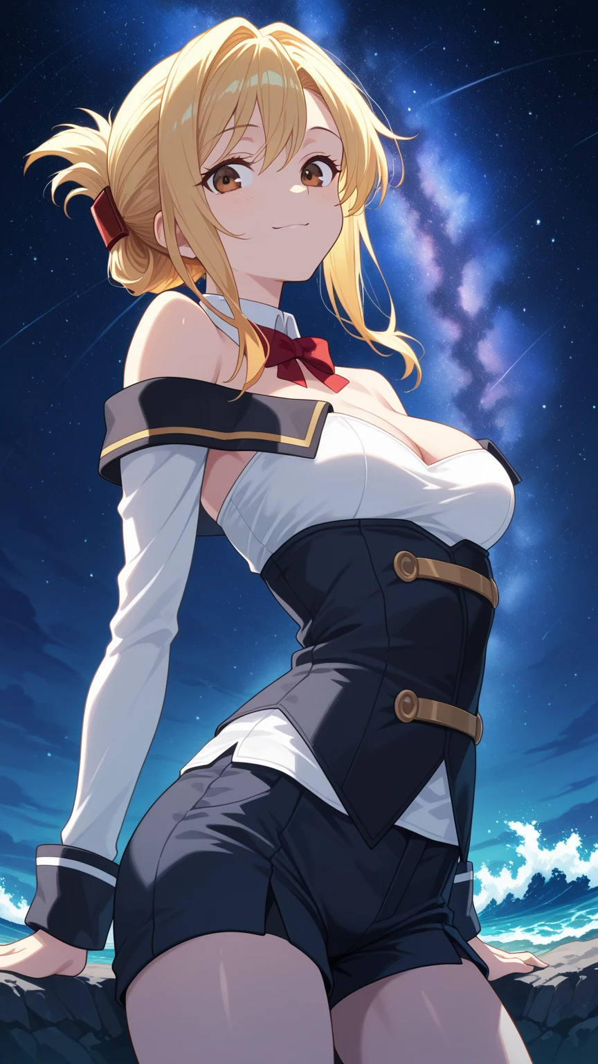1girl, 18 year old female, Mysterious Heroine XX, Fate Grand/Order, anime style, ultra realistic, high detail, sexy pose, sexy, beautiful, exposed skin, slender, exposed breast, breast, nipples, nude, nudity, moon, stars, absurdres, high res, ultrasharp, 8K, UHD, retina, masterpiece, accurate, anatomically correct, perfect anatomy, textured skin, super detail, high details, high quality, award winning, best quality, high res, looking at viewer, detailed eyes, four fingers and one thumb per hand, perfect hands, perfect finger, two arms only, blonde hair, blue eyes, no clothes, revealing, ponytail, ahoge, beach, baseball hat with a x symbol