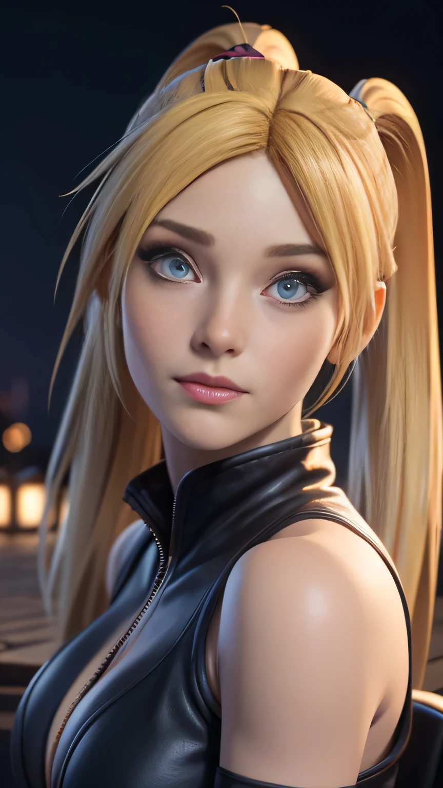 RAW digital art, ultra-realistic 3D render of a stunning woman resembling Naruko from Naruto, ((highly detailed face:1.3)), (flawless skin texture, naruto facial whisker makeup, very very long blonde pigtails: 1.2), expressive eyes with subtle reflections, soft shadows and cinematic studio lighting, Pixar-inspired style blending vibrant colors with realistic details, smooth yet detailed hair strands, perfectly portioned body, thin, perfect large breasts, cleavage, cute owo expression, (wearing Hinata Hyuga outfit, sleeveless lavender tunic with high collar, black shorts over black thigh-high stockings, black open-toed boots, black arm warmers), set against a moonlit village street with paper lanterns glowing softly in the night air Sitting on the floor with one leg bent and the other extended, leaning back on both hands background softly blurred with warm tones, (8K resolution, intricate textures, sharp focus)