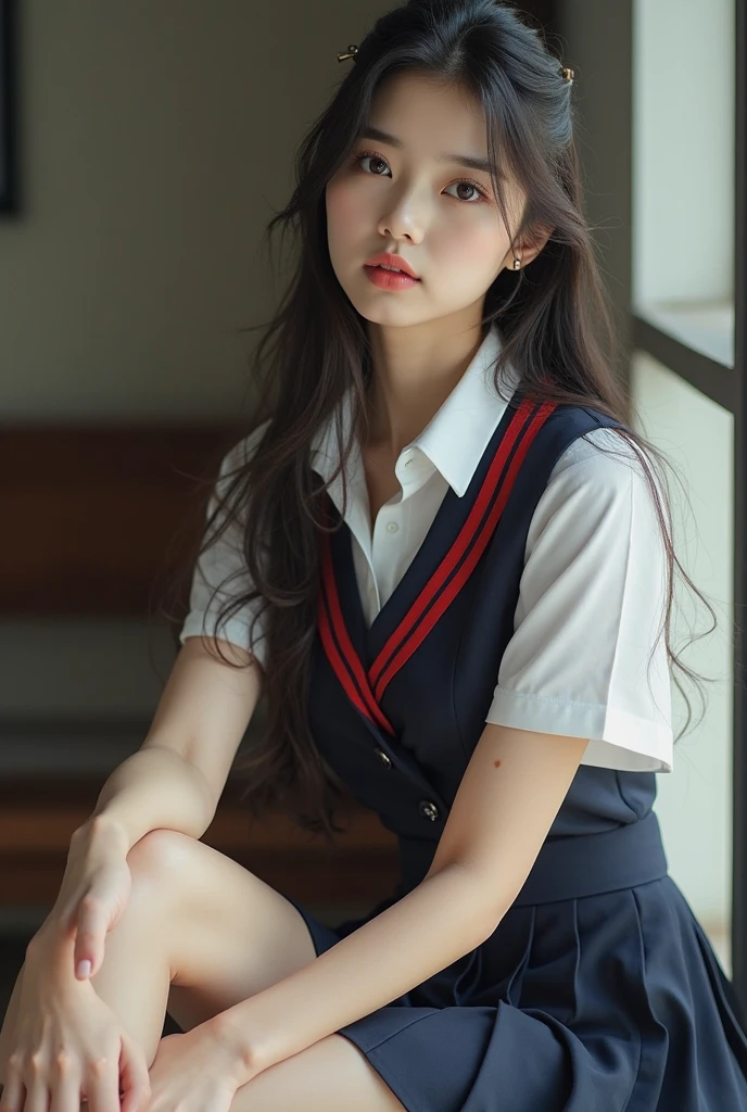 (1young girls), (extremely detailed beautiful face), Amazing face and eyes, (Best Quality:1.4), (Ultra-detailed), (extremely detailed CG unified 8k wallpaper), Highly detailed, High-definition raw color photos, Professional Photography, Realistic portrait, Amazing face and eyes, Pink eyes, (High School Uniform, Pleated mini-skirt:1.3), (High school uniform with wide open chest:1.5), Mini skirt, Brown hair, Model, (((Bokeh))), depth of fields, School, crass room, (Squatting:1.2), (:1.2), (View from below:1.2),