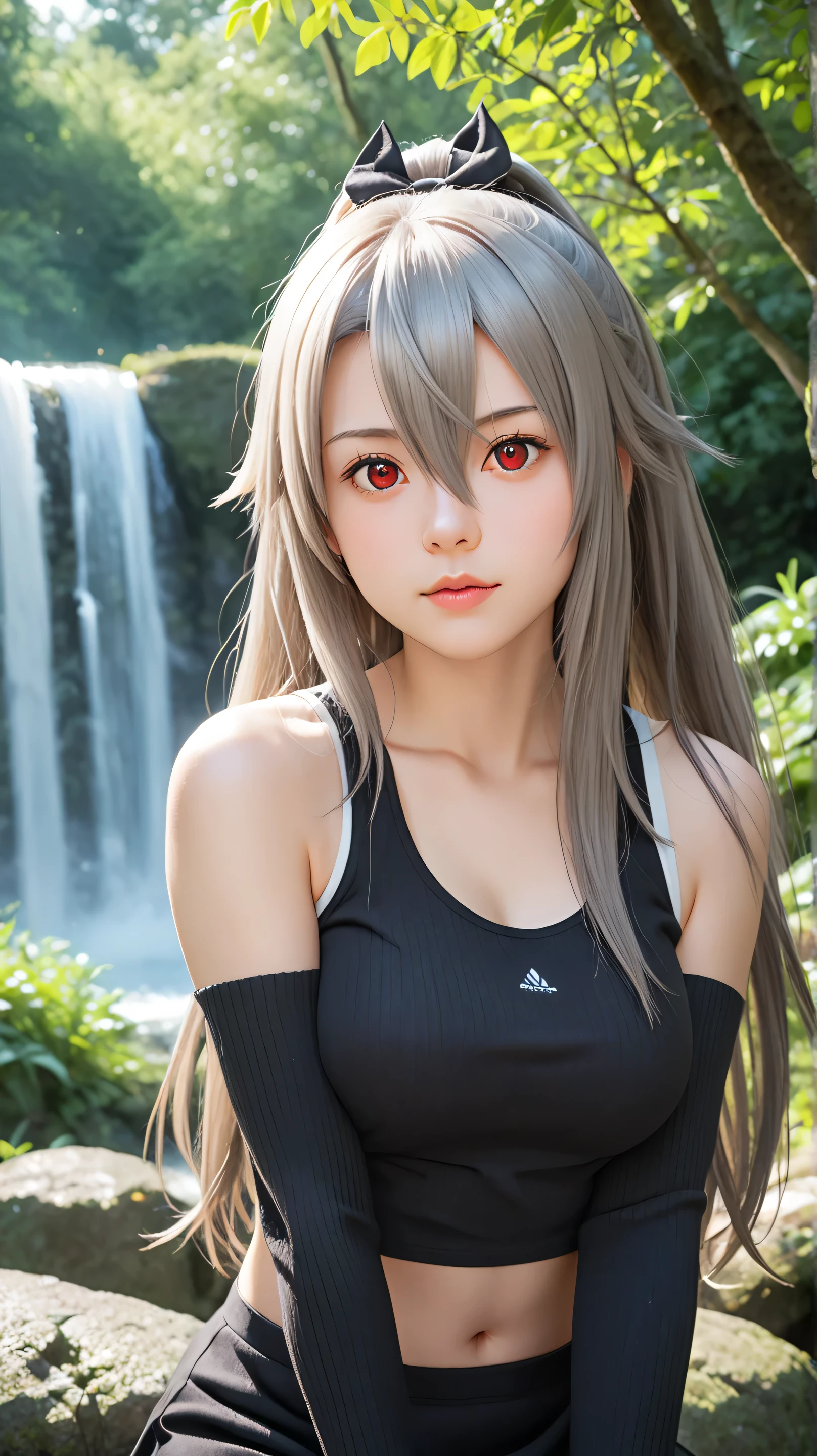 1girl, solo,eydish,red eyes,gray hair,(long hair:1.5),outdoors,potrait,medium breast,forest,(half body:1.4),front view,sitting under waterfall,waterfall background,looking at viewer,hair between eyes,wear dress,navel,bare shoulders,black glove,(wear tanktop:1.5),(arm warmers:1.5)