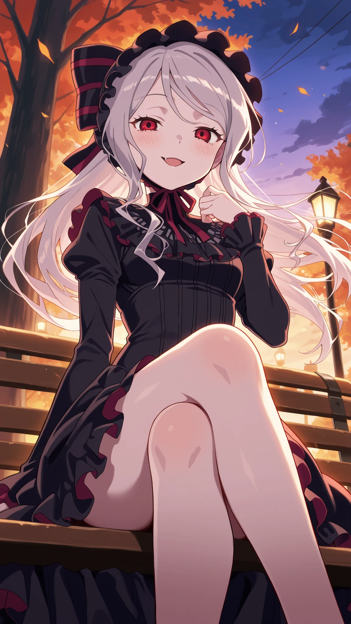 BREAK (masterpiece:1.2), best quality, high resolution, unity 8k wallpaper, (illustration:0.8), (beautiful detailed eyes:1.6),Tree-lined path covered in red and orange leaves,
dim street lamps casting warm pools of light,
gentle breeze scattering leaves across the ground,
sky fading from purple to deep blue,
anime background art, cozy but melancholic,shalltear, grey hair, long hair, red eyes, silver hair,,black dress, bonnet, bow, dress, frilled dress, frills, large bow, long sleeves, vampire,,blush, expression,looking at viewer,cowboy shot,seductive pose,floating hair,sitting on bench,cross legs,from below,smile,open mouth,
