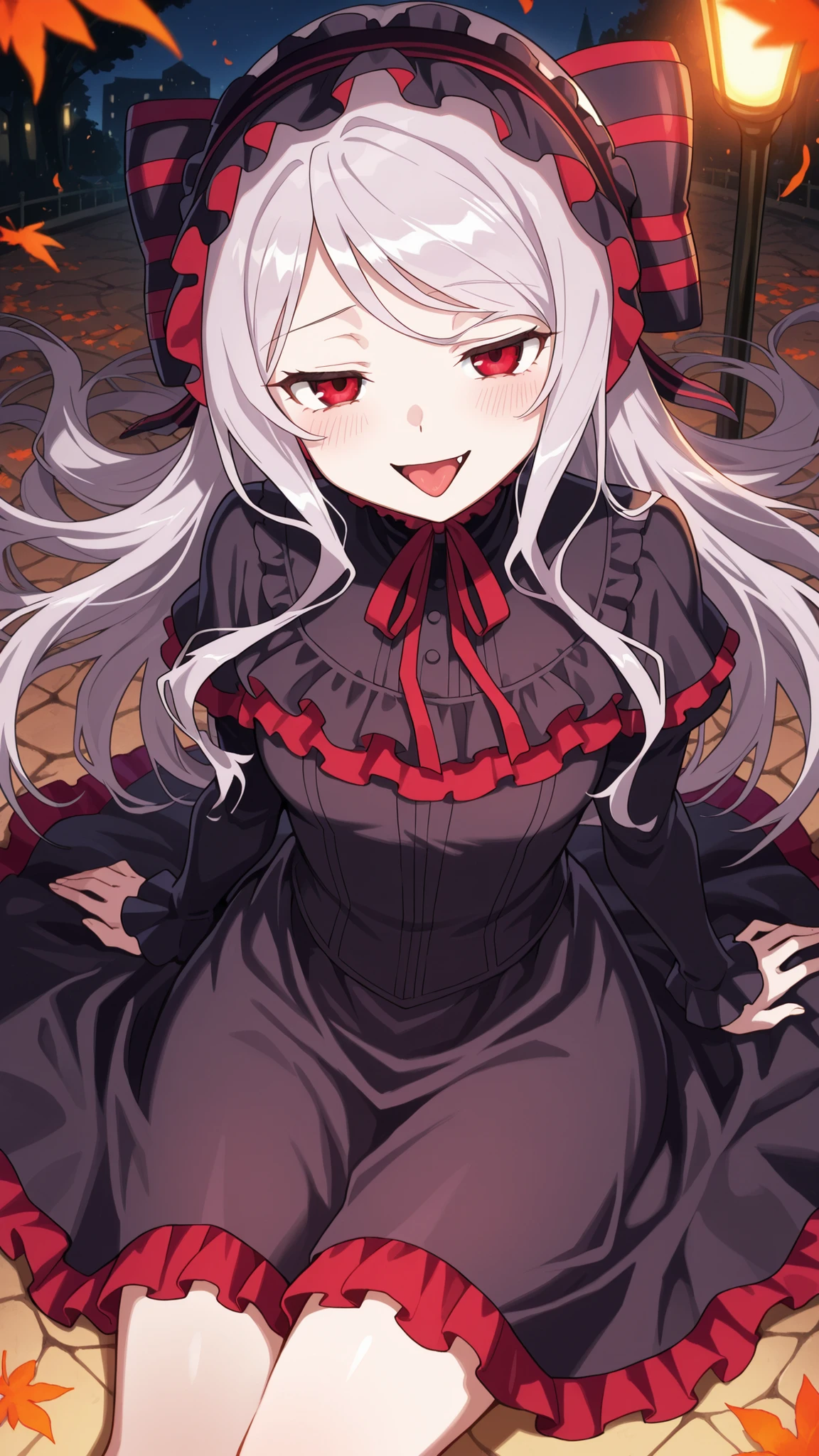 BREAK (masterpiece:1.2), best quality, high resolution, unity 8k wallpaper, (illustration:0.8), (beautiful detailed eyes:1.6),Tree-lined path covered in red and orange leaves,
dim street lamps casting warm pools of light,
gentle breeze scattering leaves across the ground,
sky fading from purple to deep blue,
anime background art, cozy but melancholic,shalltear, grey hair, long hair, red eyes, silver hair,,black dress, bonnet, bow, dress, frilled dress, frills, large bow, long sleeves, vampire,,blush, expression,looking at viewer,cowboy shot,seductive pose,floating hair,sitting on ground,from above,smile,open mouth,showing tongue