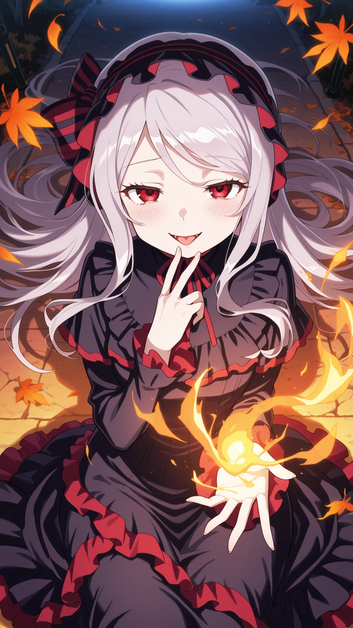 BREAK (masterpiece:1.2), best quality, high resolution, unity 8k wallpaper, (illustration:0.8), (beautiful detailed eyes:1.6),Tree-lined path covered in red and orange leaves,  
dim street lamps casting warm pools of light,  
gentle breeze scattering leaves across the ground,  
sky fading from purple to deep blue,  
anime background art, cozy but melancholic,shalltear, grey hair, long hair, red eyes, silver hair,,black dress, bonnet, bow, dress, frilled dress, frills, large bow, long sleeves, vampire,,blush,  expression,looking at viewer,cowboy shot,seductive pose,floating hair,sitting on ground,from above,smile,open mouth,showing tongue