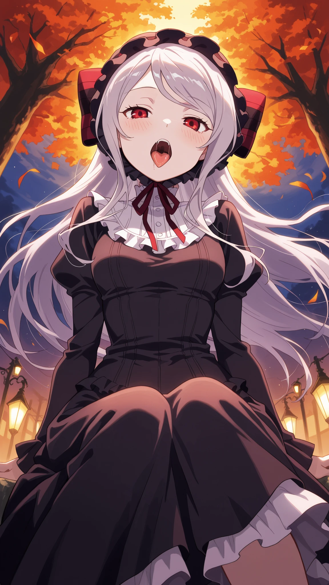 BREAK (masterpiece:1.2), best quality, high resolution, unity 8k wallpaper, (illustration:0.8), (beautiful detailed eyes:1.6),Tree-lined path covered in red and orange leaves,
dim street lamps casting warm pools of light,
gentle breeze scattering leaves across the ground,
sky fading from purple to deep blue,
anime background art, cozy but melancholic,shalltear, grey hair, long hair, red eyes, silver hair,,black dress, bonnet, bow, dress, frilled dress, frills, large bow, long sleeves, vampire,,blush, expression,looking at viewer,cowboy shot,seductive pose,floating hair,sitting on ground,from below,saliva,open mouth,showing tongue