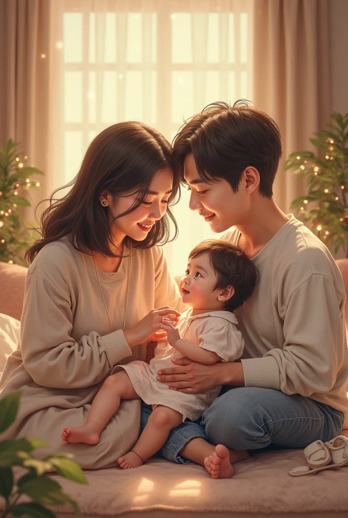 an image of a vietnamese family - a father, a mother, 1 baby, 1 cat with the light shining on them, in the style of colorful prisma, erased and obscured, multiple flash dimention 768 x 432