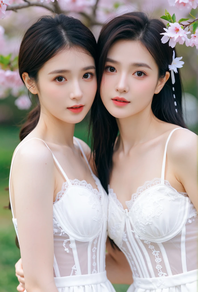 (masterpiece,best quality:1.4),wallpaper,(8K,raw photo,photo realistic:1.4),realistic:1.4,very beautiful,shiny skin:1.2,detailed skin,detailed face,detailed eyes,(very detailed Japanese idol,yui aragaki,shining eyes:1.3,beautiful cute face),Two Girls,beautiful gleam in one's eye:1.4,drooping eyes:1.2,(very detailed close friend and lesbian,2 cute girl,Embrace each other,entwine one's tongues,
sit,lesbian sex,Lesbian Photo Collection),,Detail of very beautiful and clear eye,fluffy hair,Cuticle hair,Face with beautiful baby skin),(Very detailed beautiful clear body skin,Cute and stylish earrings, hair ornaments),(Very detailed Beautiful rose garden,white lily garden),(Very detailed teen sheer leotard,lace,see-through:1.4,black),(Super beautiful full body),(Very detailed teen bra,WEGO,Trend Fashion,sexy Lingerie,lingerie design,lingerie embroidery,Online Shop,accessory design),(Very detailed,Super clear and realistic background,skin,Good contrast,Natural lighting,Makeup,ポートレイト),(Taken from the front),Cowboy position, cowboy shot,Low angle full body shot,nsfw,