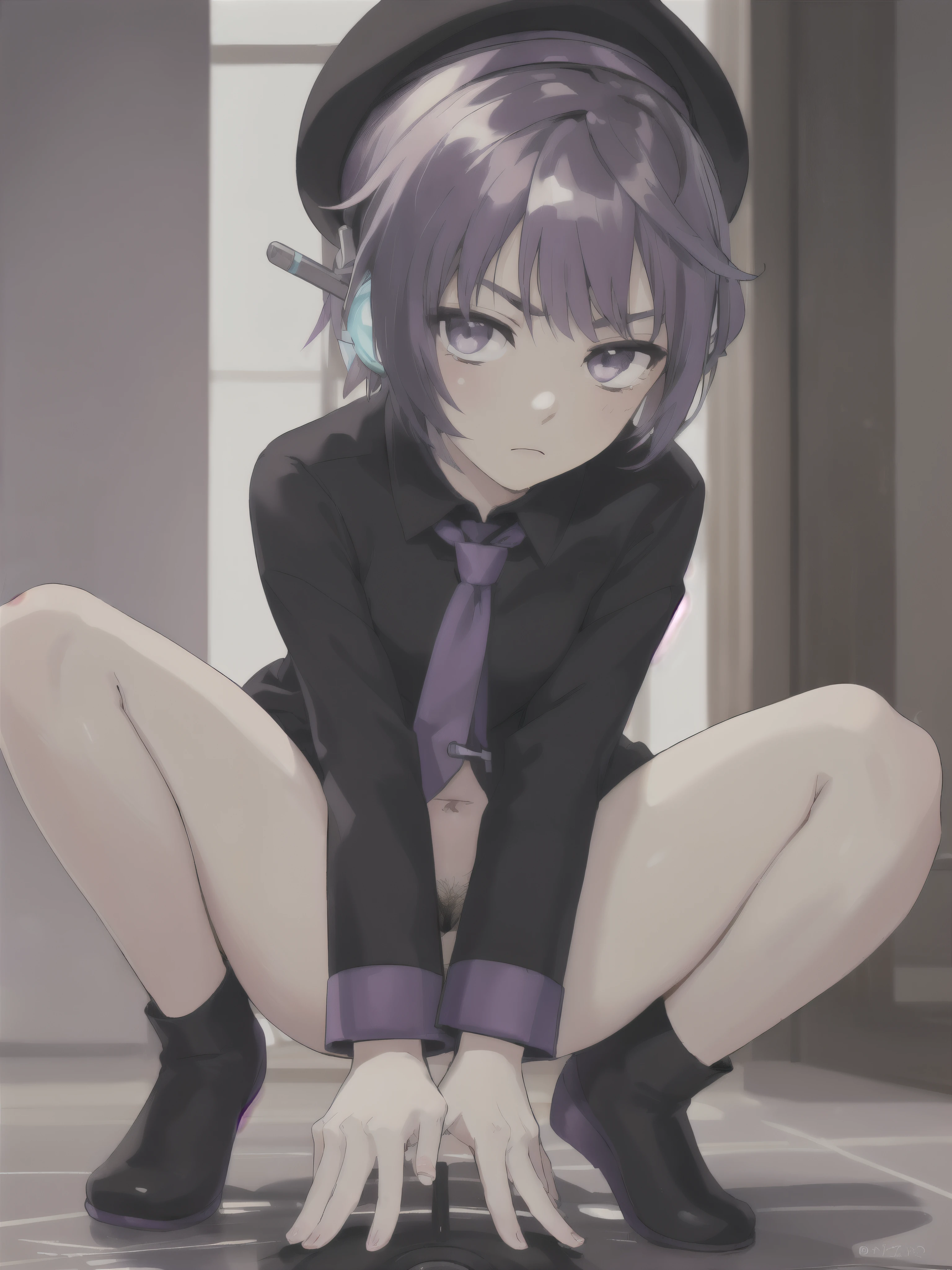 masterpiece, best quality, ultra-detailed, 1girl, solo, (asian, japanese), short hair, ((robot_ears)), (bangs:1.5), (serious_expression:1.5), ominous lighting, defoko,uta utane, violet hair, violet eyes, No hair, accessories, bangs split to the left, small tits, slender, completely naked, squat down, squat, sit, open your legs wide, violet pubic hair, female, small breasts, droopy eyes, female genitalia, clitoris, vagina, anus, uvula, indoor pool, anime-like face, big eyes, unadorned black beret, squatting open legs