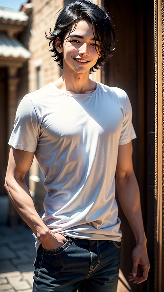 Masterpiece, best quality, High quality, วอลล์เปเปอร์ CG unity 8k ที่มีvery detailed, depth of field, HDR,,photorealistic,very detailed, 1 man sitting on a chair, Asia, black short hair, , (Thai , white shirt), blue cargo shorts,  muscles, Big arm muscles, blood vessel, big muscles, Broad shoulders, looking at the audience, Balancing the eyes, (Make eye contact) (outside the building:1.3)