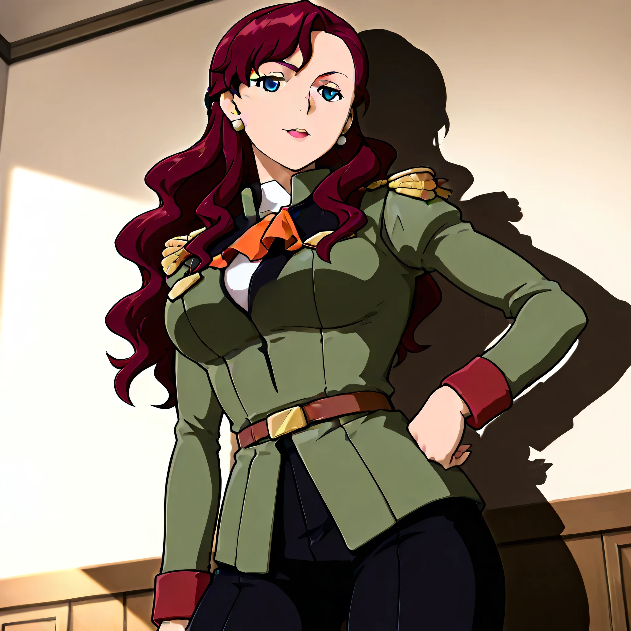 (((Masterpiece))), (((Best Quality))), ((Super Detail)), ultra-High resolution, score_9,score_8_up,score_7_up,score_6_up,score_5_up,score_4_up, BREAK, source_anime, anime screencap, uncensored, Masterpiece, (best shadow), (absurdres), (detailed background), (very aesthetic), detailed beautiful eyes, outstanding, countershading, detailed soft lighting, an exquisite animation illustration, curvy, highres, military uniform, green jacket, long sleeves, epaulettes, white shirt, orange ascot, belt, black pants, (((solo, 1girl))), hair ornament, seductive pose, submissive pose, anime style, anime coloring, animification, megami magazine, sexy pose, large breast, Junko, mature female, blue eyes, purple hair, long hair, ear accessory,