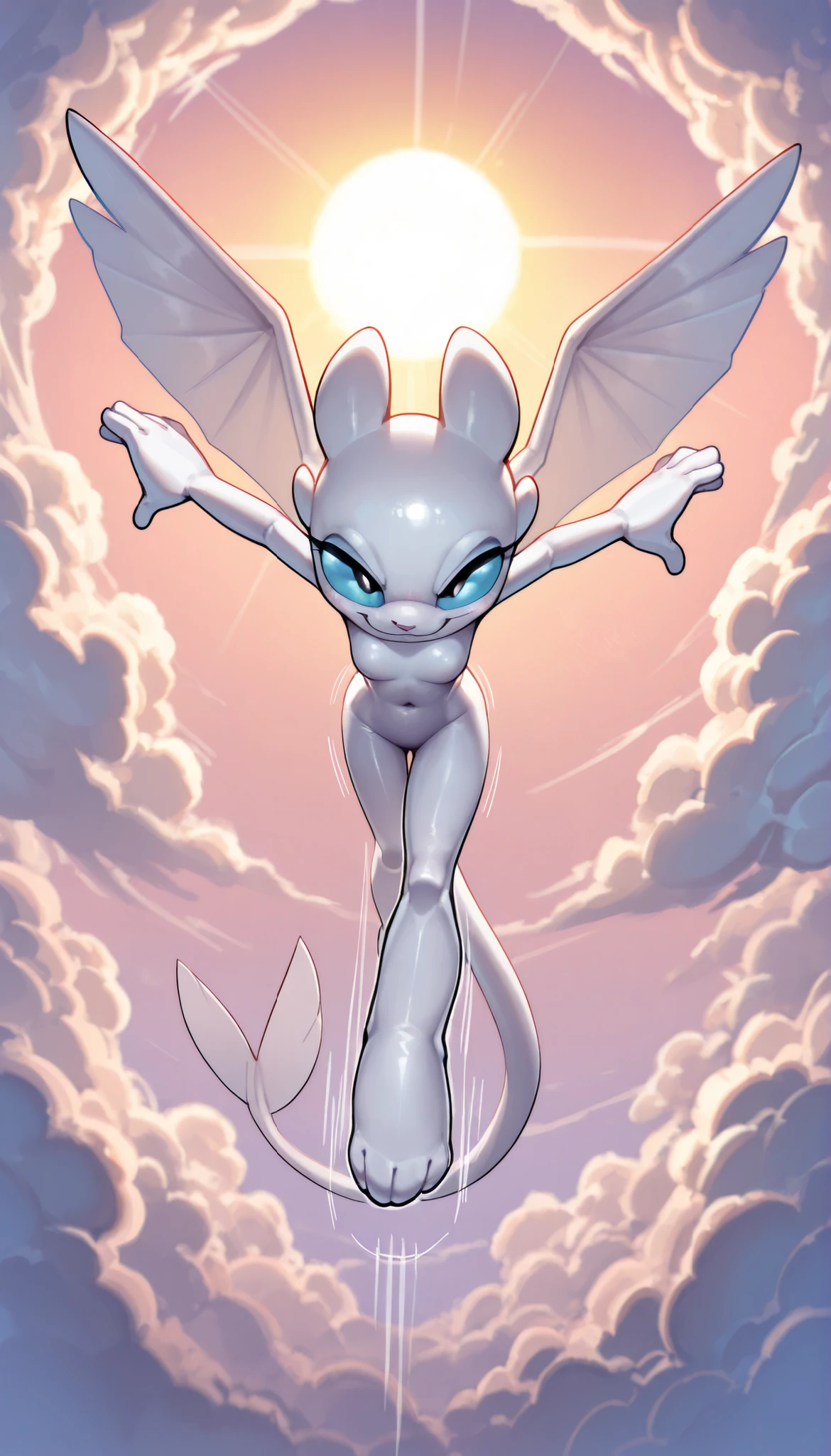 score_9, score_8_up, score_7_up, anthro, masterpiece, best quality, amazing quality, very aesthetic, absurdres, source furry, Nubless_httyd, dragon, light fury, white scales, wings, tail, claws, 1girl, solo, alone, female, blue sclera, black pupils, epic portrait, thin body, detailed body fur, detailed body, detailed face, detailed eyes, glistering body, shiny body, skinny, :3, (best quality), cinematic lighting, anime style, perfect lighting, perfect shadows, perfect eyes, perfect hair, perfect face, gorgeous body, skinny, chibi, (young cub:1.2), (short body, tiny body, big head), sky with clouds, sun, adorable, happy, smile, narrowed eyes, small breasts, navel, half closed eyes, fly pose, high angle view, bird eye view, motion lines, angry, smile, floating, fly effect, sb kick, flexible, kicking, feet focus, kick at you,