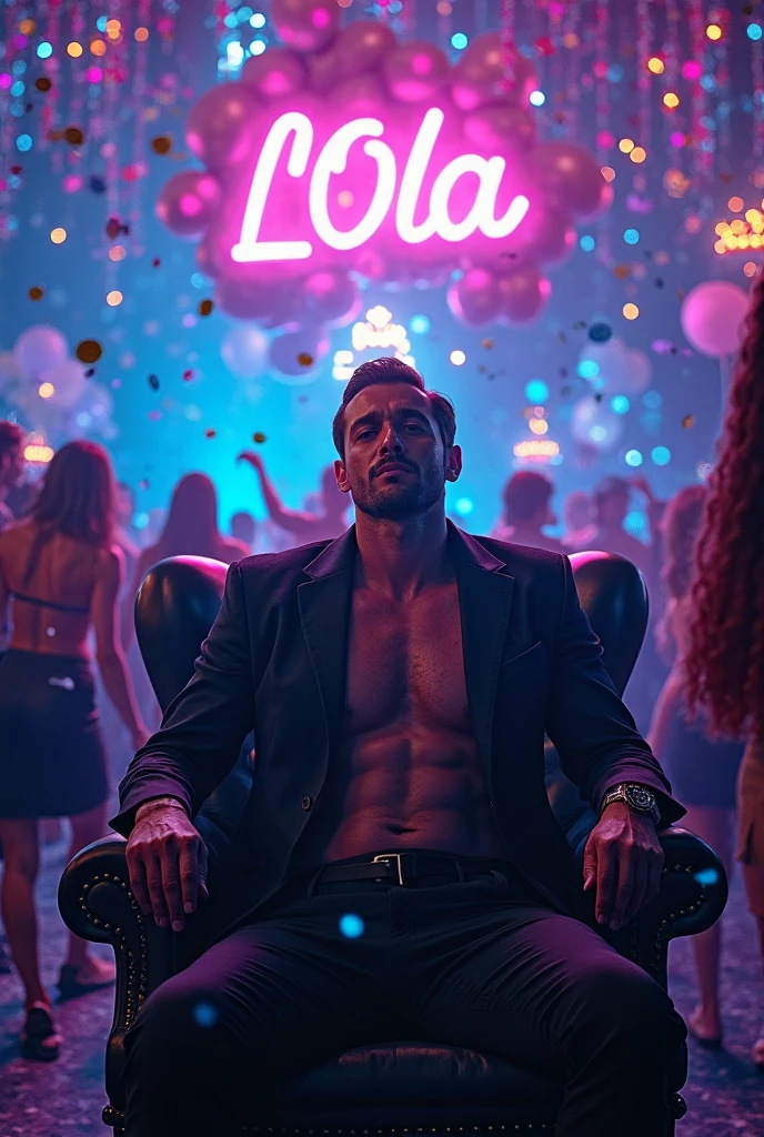 Design a scene featuring Ethan Alexander Paull, a 1 UK drill rap artist, his face hidden with a sexually appealing mask. He's in a middle of a performance at a renowned club with the most luxury mic , surrounded by young girls that are over him, alluring women who amplify his menacing and seductive aura. His presence commands attention, with his Instagram id NOVANEXUS19 displayed prominently behind him on a large screen, highlighting his status and influence in the music scene. The club is alive with energy, reflecting his intense and charismatic persona.