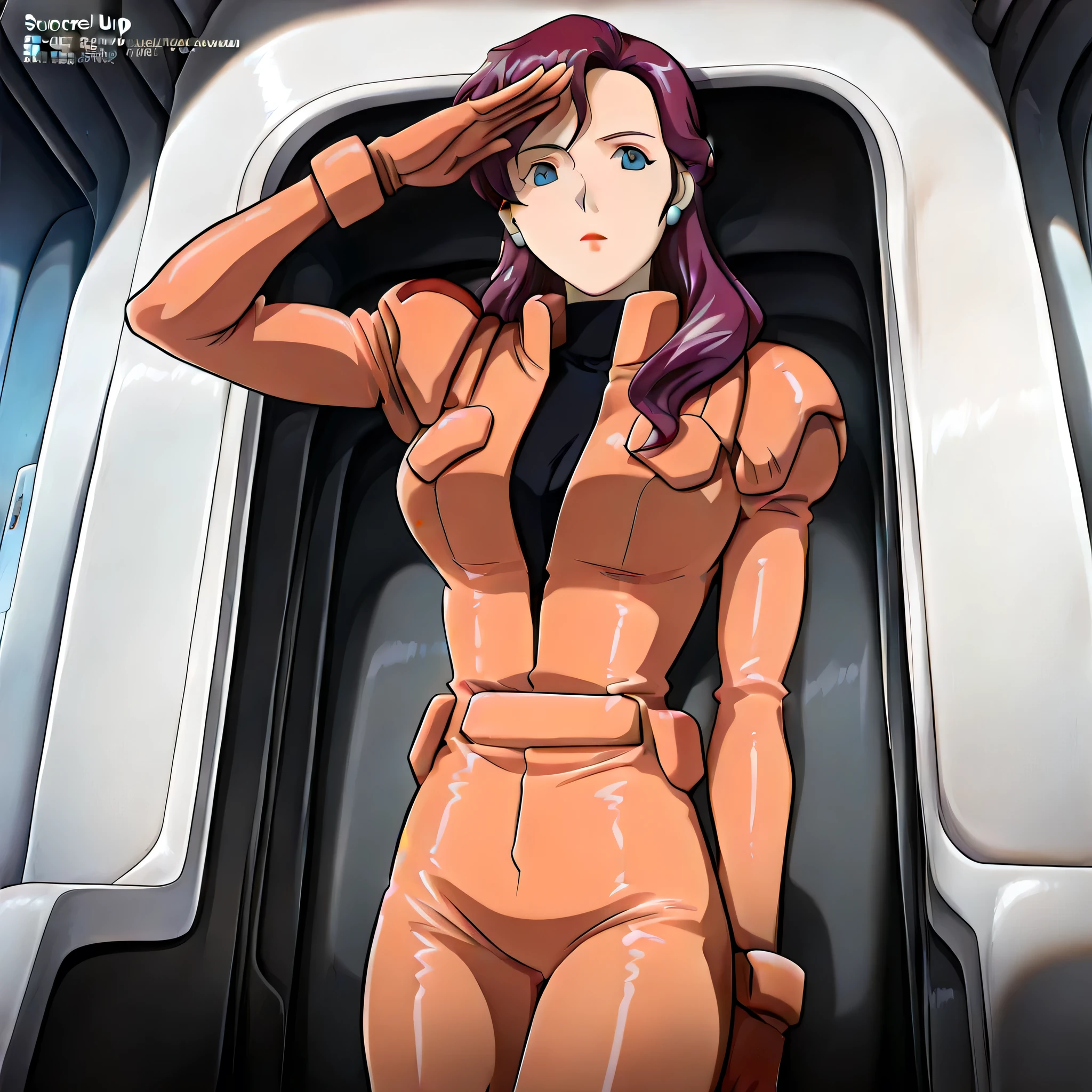 (((Masterpiece))), (((Best Quality))), ((Super Detail)), ultra-High resolution, score_9,score_8_up,score_7_up,score_6_up,score_5_up,score_4_up, BREAK, source_anime, anime screencap, uncensored, Masterpiece, (absurdres), (detailed background), (very aesthetic), detailed beautiful eyes, outstanding, countershading, detailed soft lighting, an exquisite animation illustration, curvy, highres, zanscare pilot suit, gloves, uniform, bodysuit, pilot suit, orange bodysuit, (((solo, 1girl))), hair ornament, seductive pose, submissive pose, anime style, anime coloring, animification, megami magazine, sexy pose, large breast, Junko, mature female, blue eyes, purple hair, long hair, ear accessory, salute, saluting, standing at attention, standing still, standing, expressionless, emotionless, spaceship interior, looking from front, from front, view from front