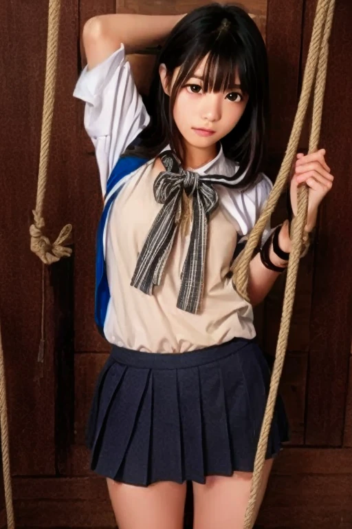 ((Highest Quality, Best Masterpiece: 1.3)), Photorealistic, Ultra High Resolution, Natural Skin Texture, Hyper Realism, Upper Body Image, 14 Year Old Beautiful Japanese Girl, Large Breasts, Japanese High School Sailor Uniform, Breasts Bondage with rope, expression of pain
