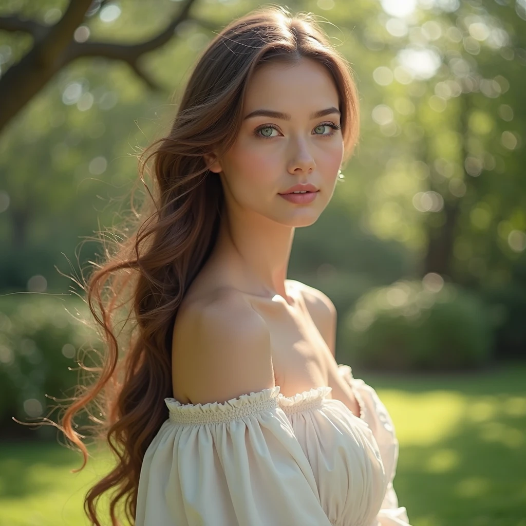 Beautiful mysterious woman with brown hair, Watch the sunset in a beautiful forest