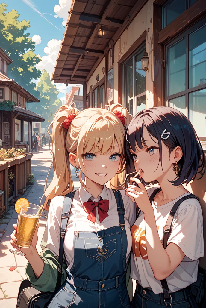 tmasterpiece，Fine，1girl，Long hair waist-length，White color blouse，pleatedskirt，Beth，White board shoes，largeeyes，Yellow pupil，Pass a bottle of water forward，Wear a lemon tiara，Playground background --auto