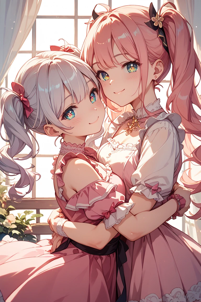 masterpiece, best quality, ultra-detailed, 2girls, twins, child, pink hair, short curly twintail, green eyes, rabbit ears, big breast, blush, seductive smile, twins fashion, white chiffon dress, red ribbon, tiara, frill, flower garden, hug, symmetrical docking, from side, close up