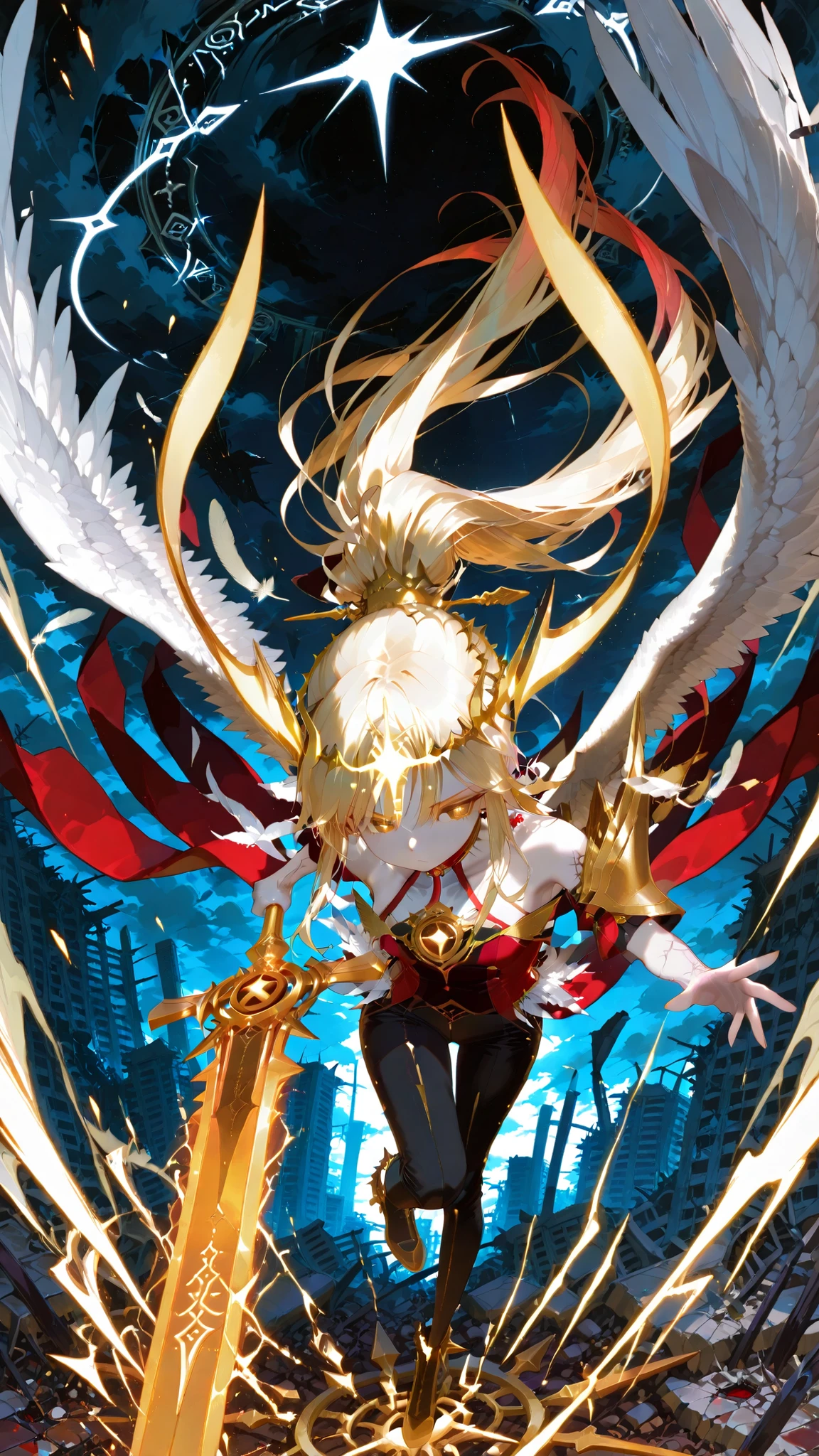 battlemage_neopresencia,,xianyun gi,,visiosomni,Outstanding Works,Slightly realistic, Excellent quality, Very beautiful, 超high resolution, high resolution,anime style,,_Devil_Angel,, Full body shot, solo, "Fallen Angel full body close-up (flying through the air), long hair, bangs, solo, dark mythological style, left wing still sacred with white feathers (falling), right wing rotting into the bone spurs of a bat's wing, shooting through the air, veins under the skin with a deep golden glow seeping into the veins primordial halo shattering into the swirling shards of an inverted cross hand holding a sword of broken fire (covered in black runes) blood rising from the pale skin golden pupils gradually crushed, crown of thorns piercing the forehead, suspended in the ruins of the broken world. Blood rises from pale skin, golden pupils gradually crushed, crown of thorns pierces forehead, suspended in the ruins of a shattered heaven and earth. Gothic dark clouds and lightning background, 8K UHD rendering, dynamic lighting and shadows", randomised battle pose! Showing full body, black trousers, female, perfect body