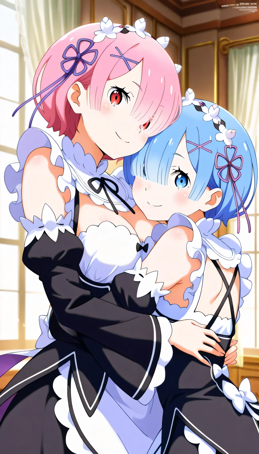 (Two girls hugging each other:1.5), {{{masterpiece}}}, (best quality:1.5), (ultra-detailed:1.5), {illustration}, {{an extremely delicate and beautiful}}, (beautiful detailed eyes:1.6), absurdres, highres, extremely detailed face, 16k, hd, visual anime de uma jovem mulher, extremamente bonito rosto de anime, anime melhor garota, (perfect hands, perfect anatomy), (five fingers:1.1) anime face, AND, rem (re:zero), phRem, cute face, blue hair, short hair, hair over one eye, (blue eyes:1.3), hair ornament, x hair ornament, flushed cheeks, big breasts, thin waist, big hips, curvaceous, AND, ram(re:zero), cute face, pink hair, short hair, hair over one eye, (red eyes:1.4), hair ornament, x hair ornament, flushed cheeks, medium breasts, big hips, curvaceous, BREAK, maid, {roswaal mansion maid uniform}, tailcoat, detached sleeves, black sleeves, black ribbon, (apron:1.2), black skirt, thighs, BREAK, cute face, (smiling:1.2), looking at viewer, mutual hug, day, indoors, bedroom, lace curtains, window, depth of field, wind, (upper body:1.5)