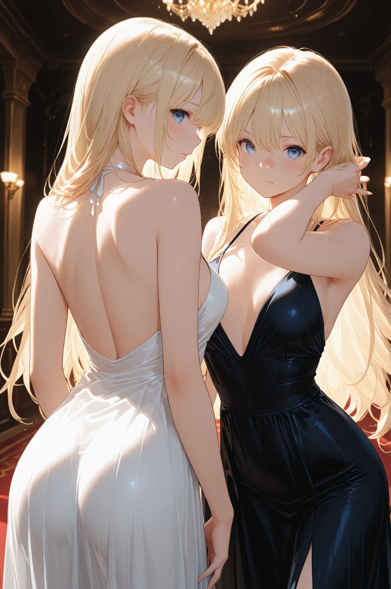 an adult girl, She has two pigtails falling over her shoulders, decorated with black ribbons, SHE HAS BLONDE HAIR, blue eyes and a very elegant and very long black dress for a gala dinner with a cut that allows her to show her leg, wears beautiful evening makeup, with a glass of champagne in his hand, sitting in a bar