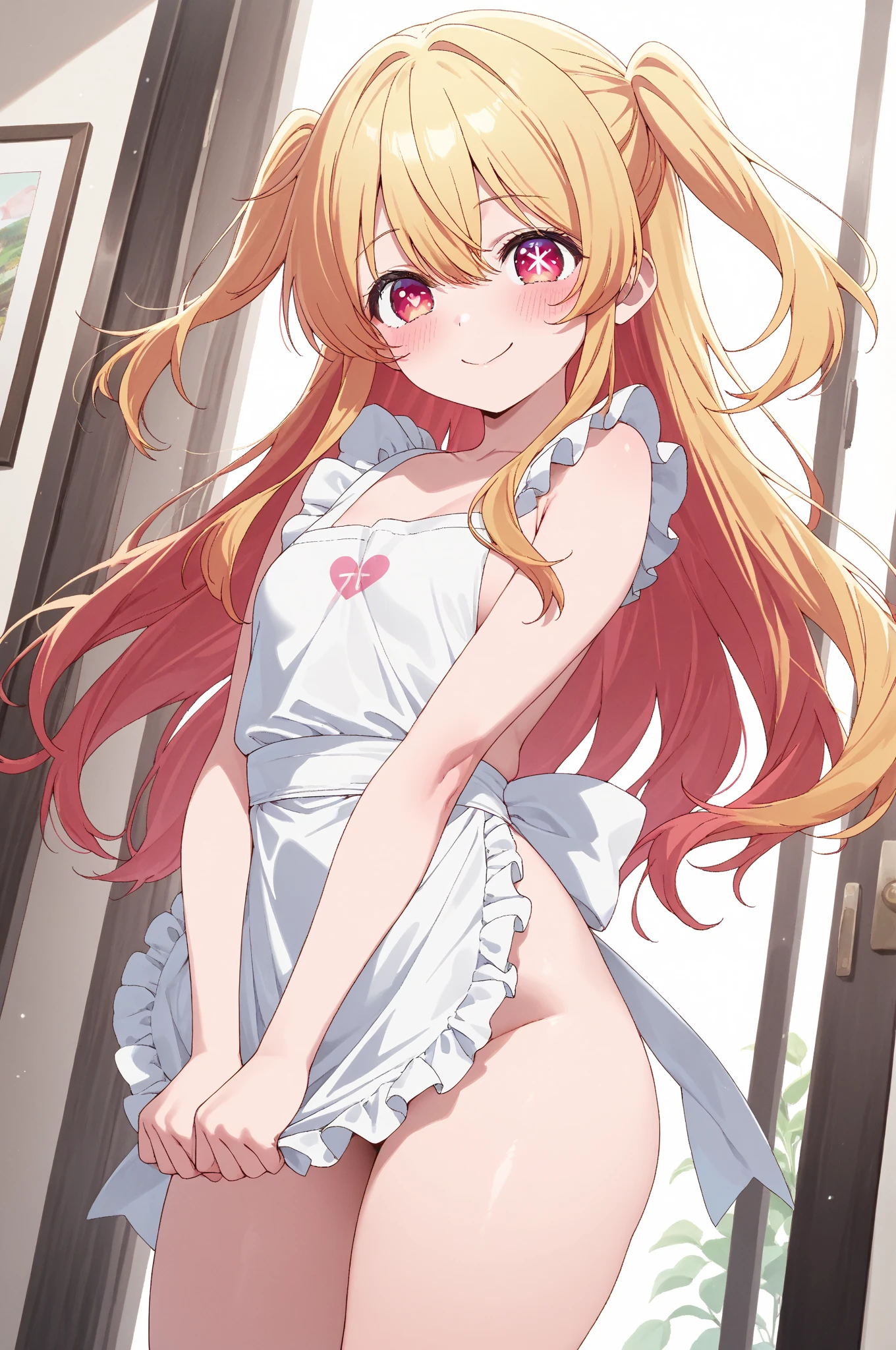 Masterpiece ,best quality , high resolution , (1 girl solo:1.38) , (mavis, long hair, blonde hair, (green eyes:1.5), ahoge, wavy hair) , (cleavage:1.2) , (medium breast:1.28) , (wearmaid miniskirt , maid head band , sleeves , stockings ) , (cleavage:1.15) , (big breast:1.1) , (face view , back view , from behind , head back ,  look at view) , (indoor, in kitchen , night , moonlight , windows , candel , coffee on table ) , (standing , thighs ) , (cowboy_shot) , ( smile , open mouth , full face blush , shy )
