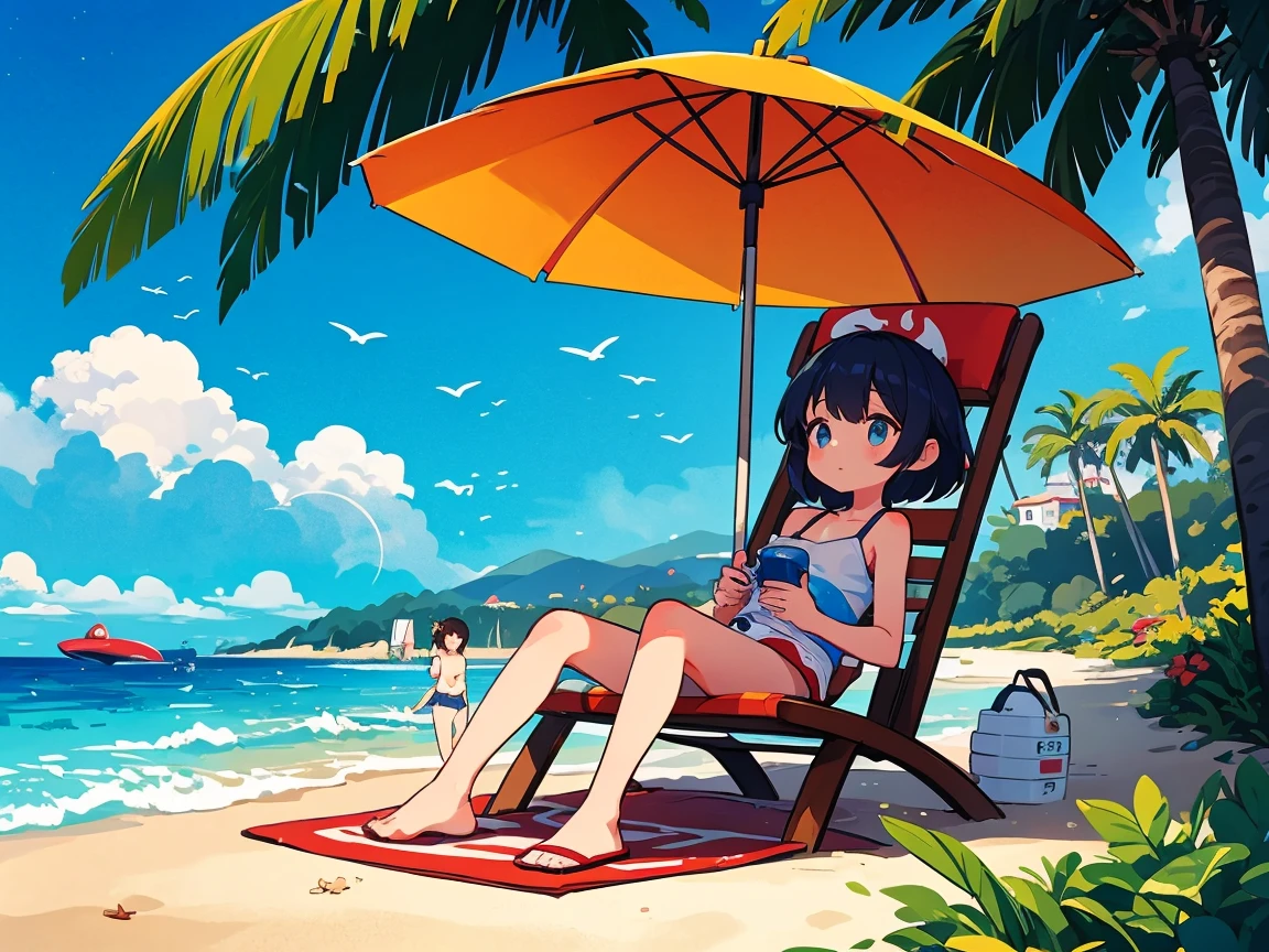 (photorealism:1.2), LOFI Girl in bikini on a beach, anime manga style illustration design, background in nature, laying on the beach looking at sky